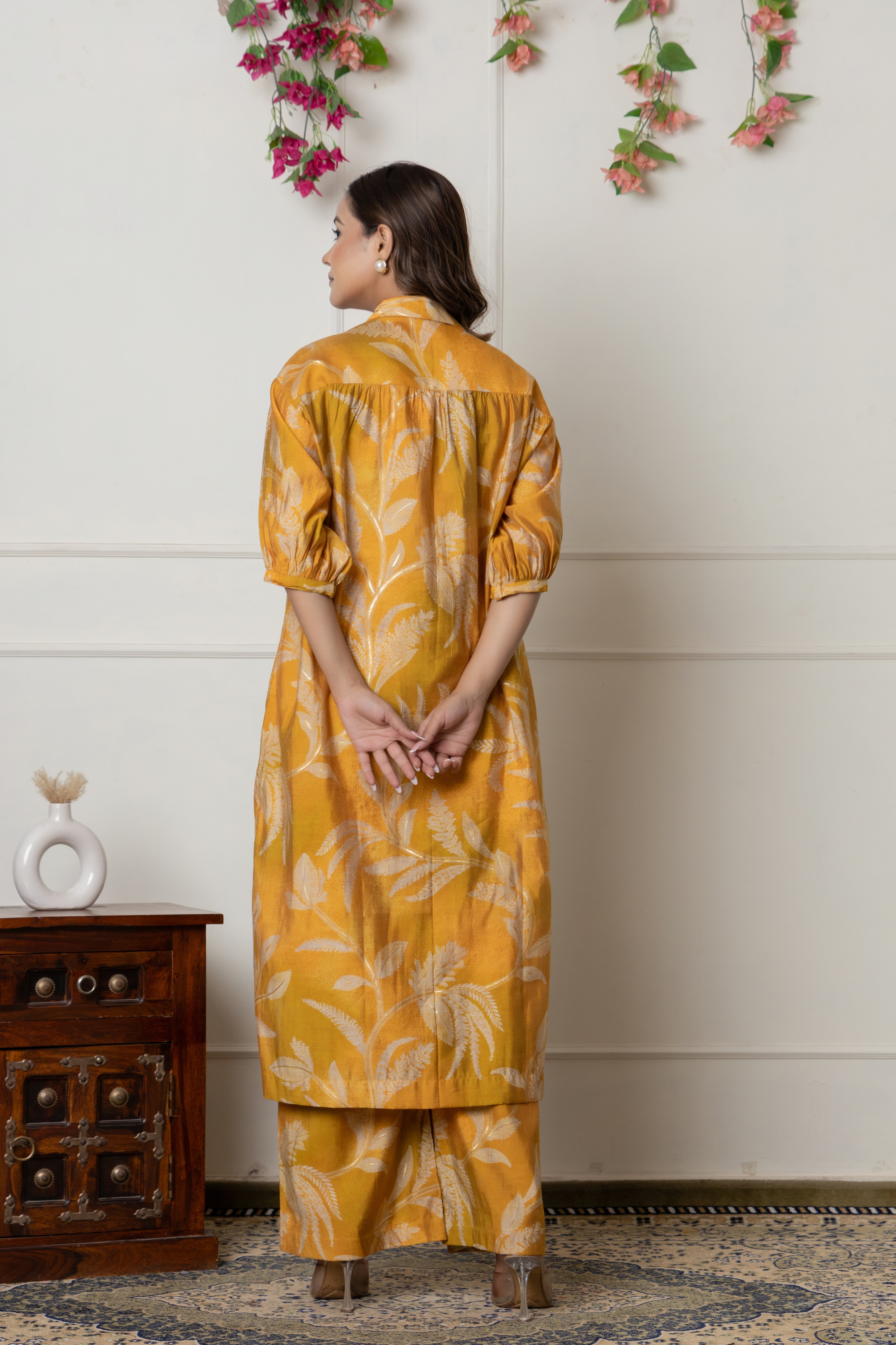 Mustard Botanical Printed Muslin Kurta Palazzo Set