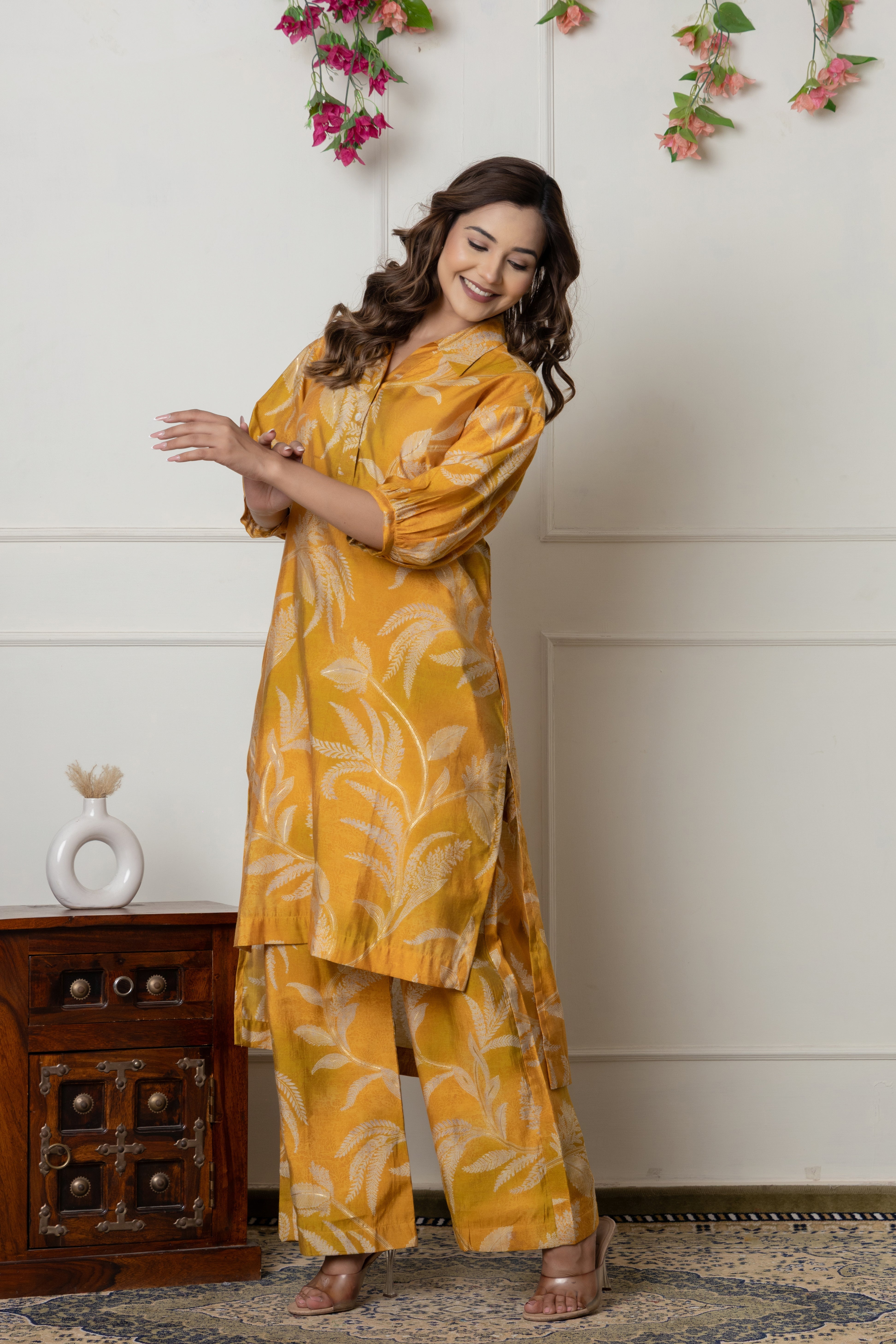 Mustard Botanical Printed Muslin Kurta Palazzo Set
