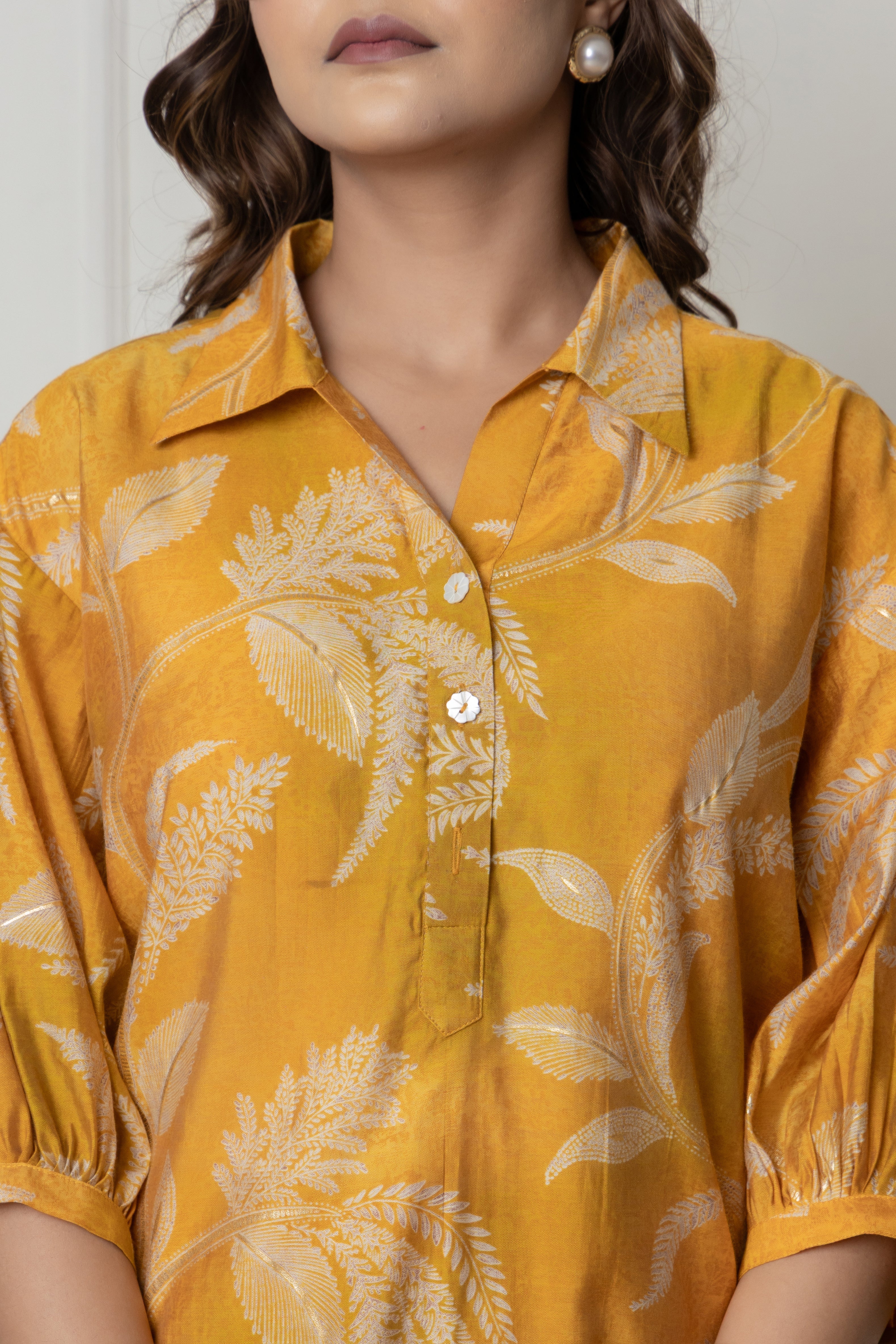 Mustard Botanical Printed Muslin Kurta Palazzo Set