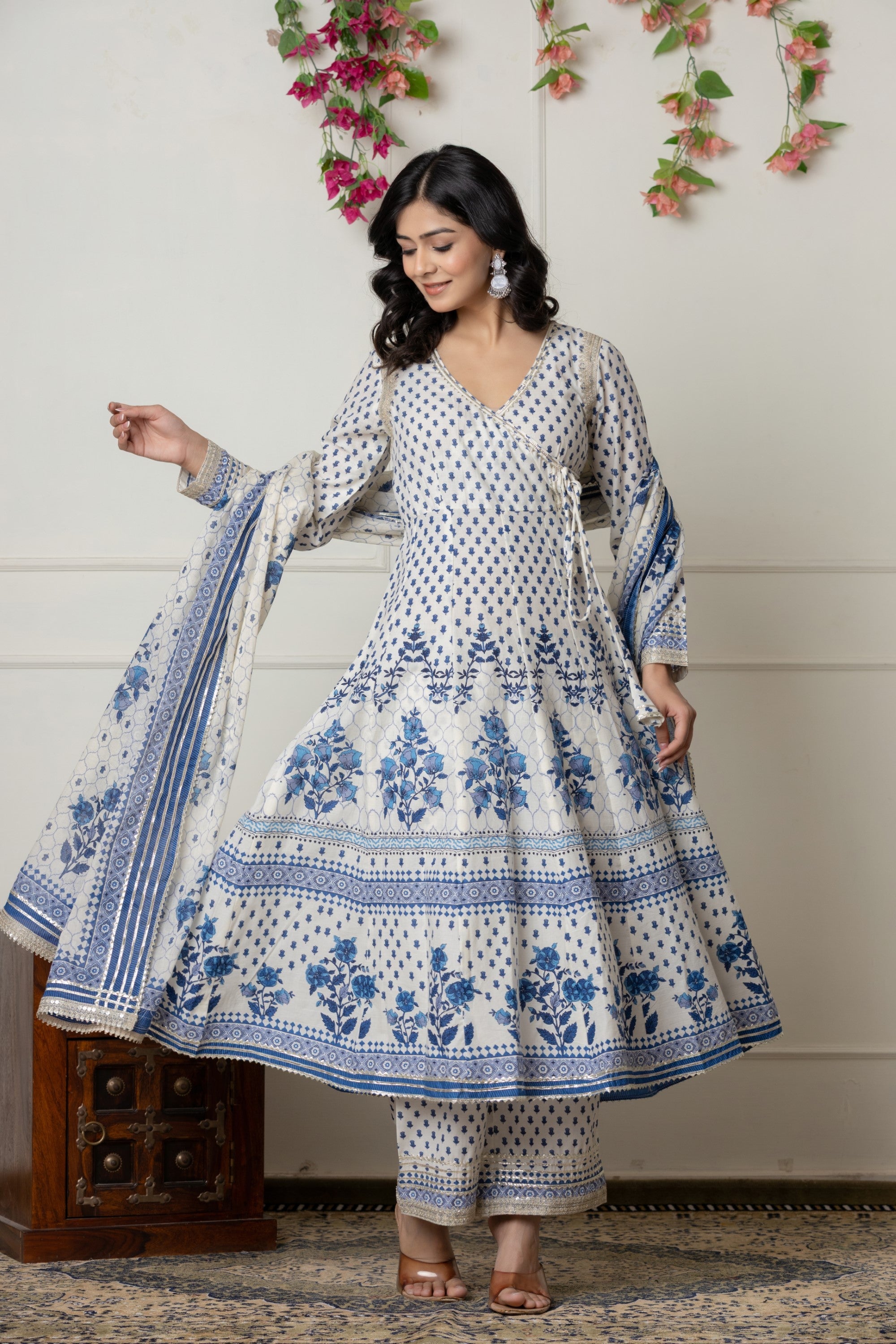 Ivory & Blue Block Printed Anarkali Set with Dupatta
