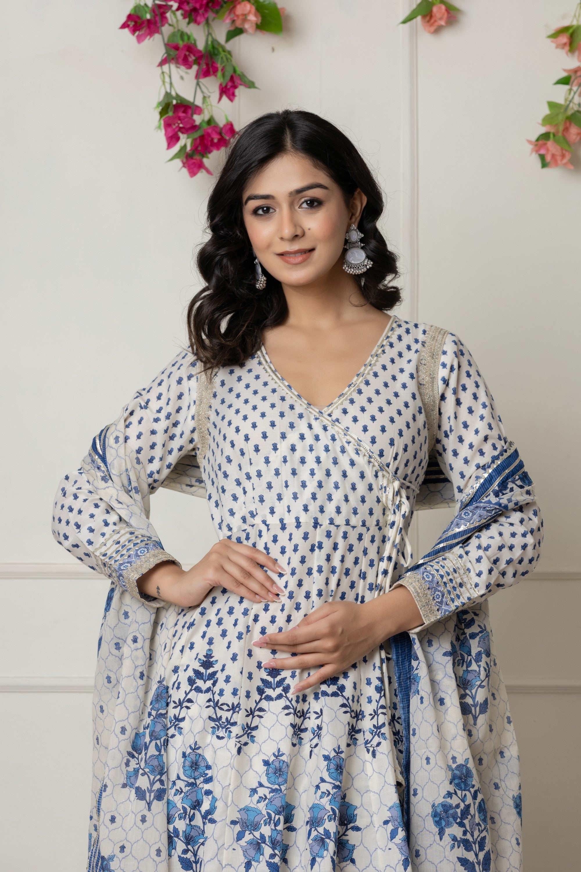 Ivory & Blue Block Printed Anarkali Set with Dupatta