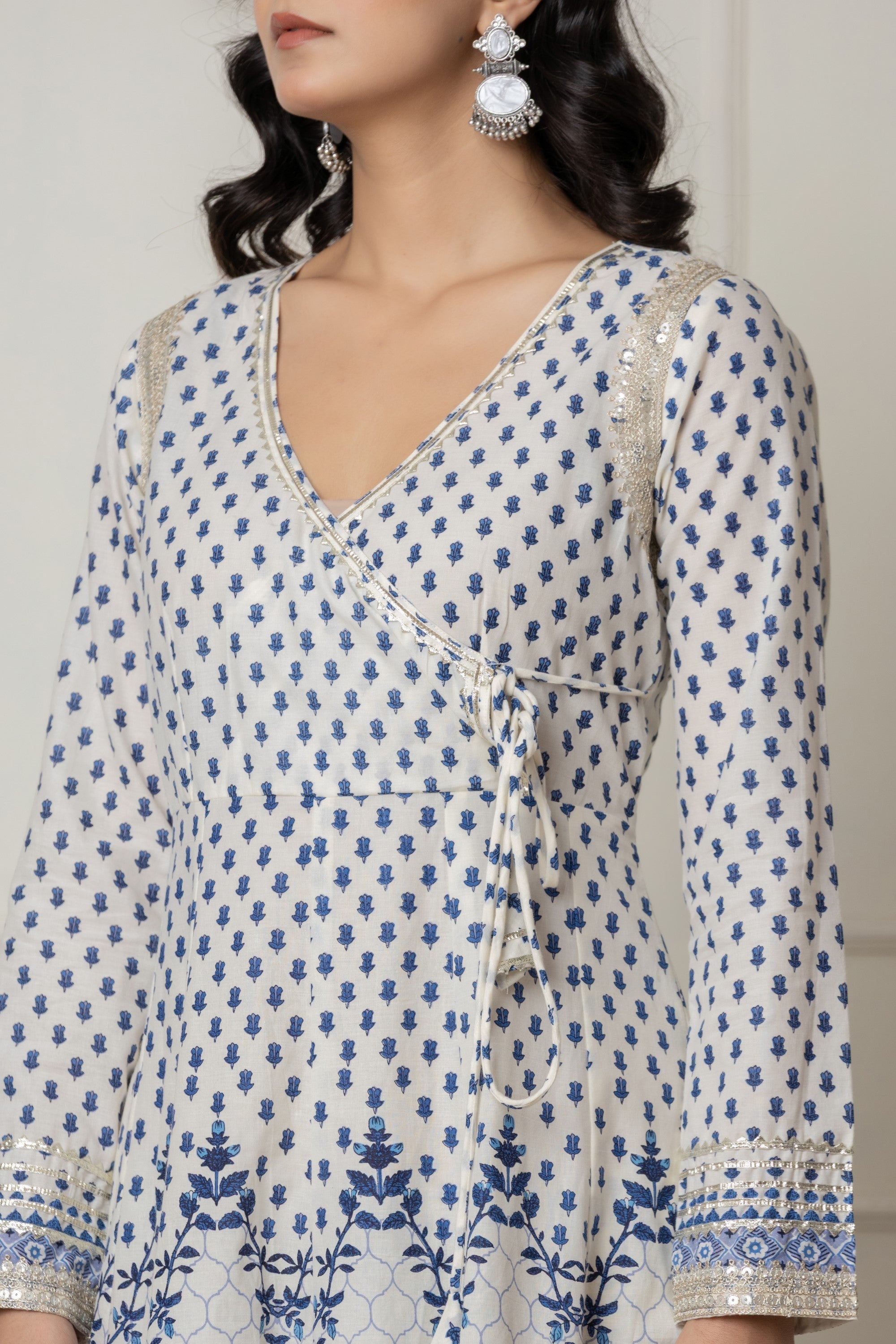 Ivory & Blue Block Printed Anarkali Set with Dupatta