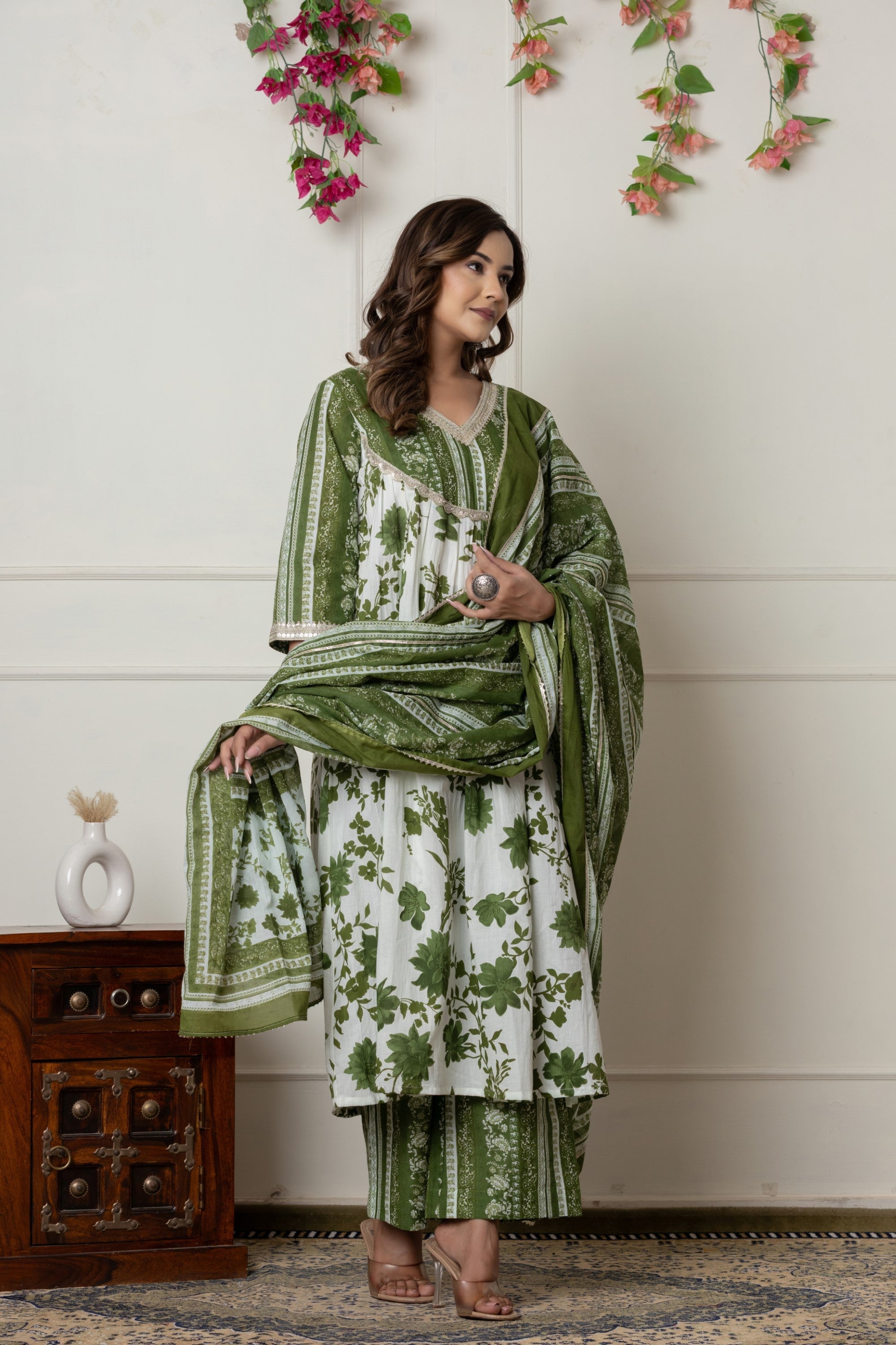 Green & White Floral Printed A-Line Cotton Suit Set with Dupatta