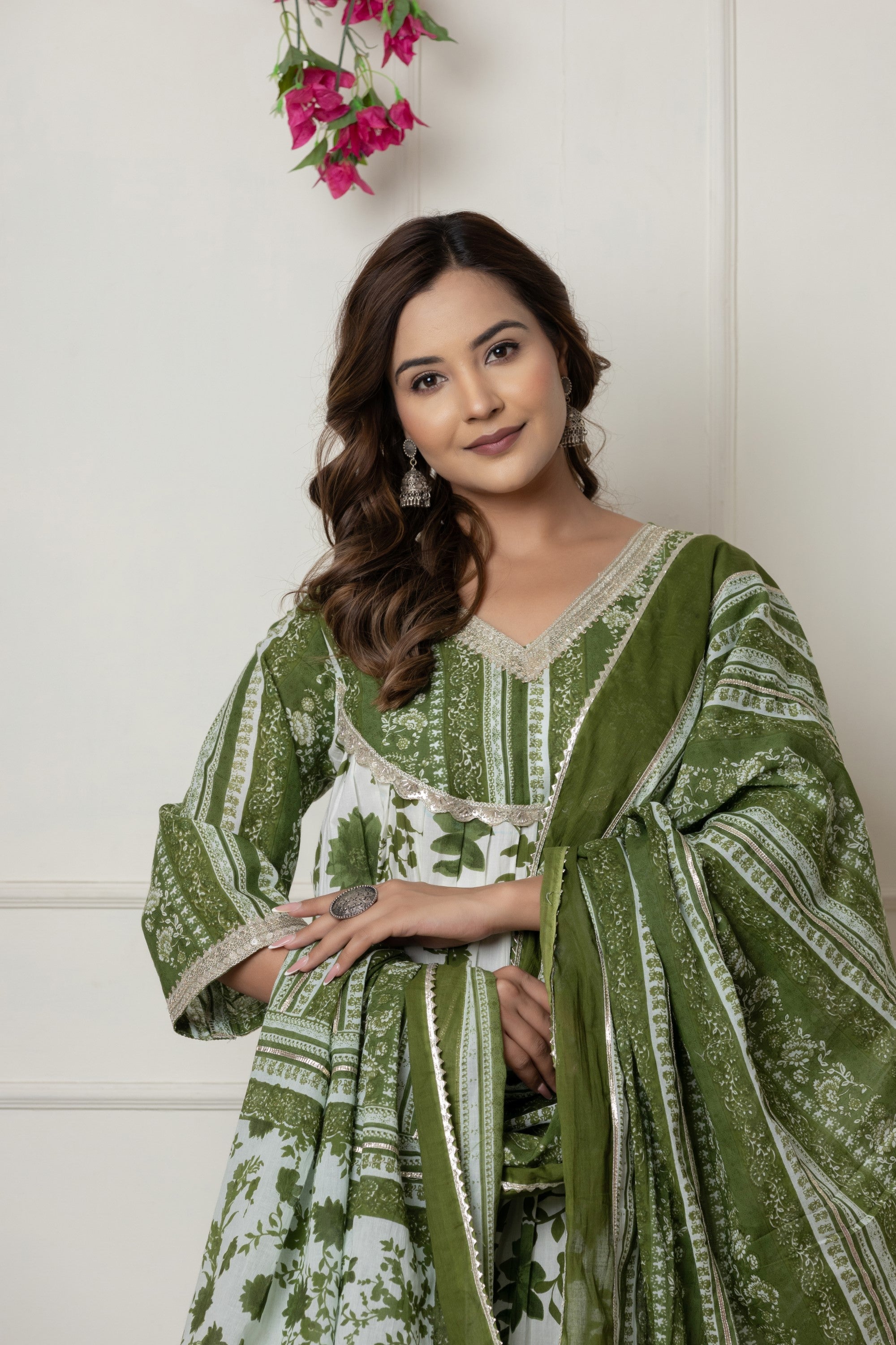 Green & White Floral Printed A-Line Cotton Suit Set with Dupatta
