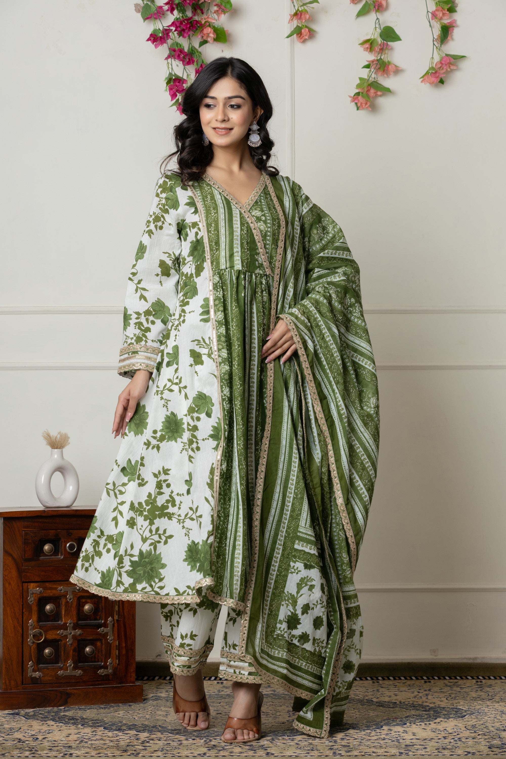 Green Floral Printed Anarkali Kurta Set