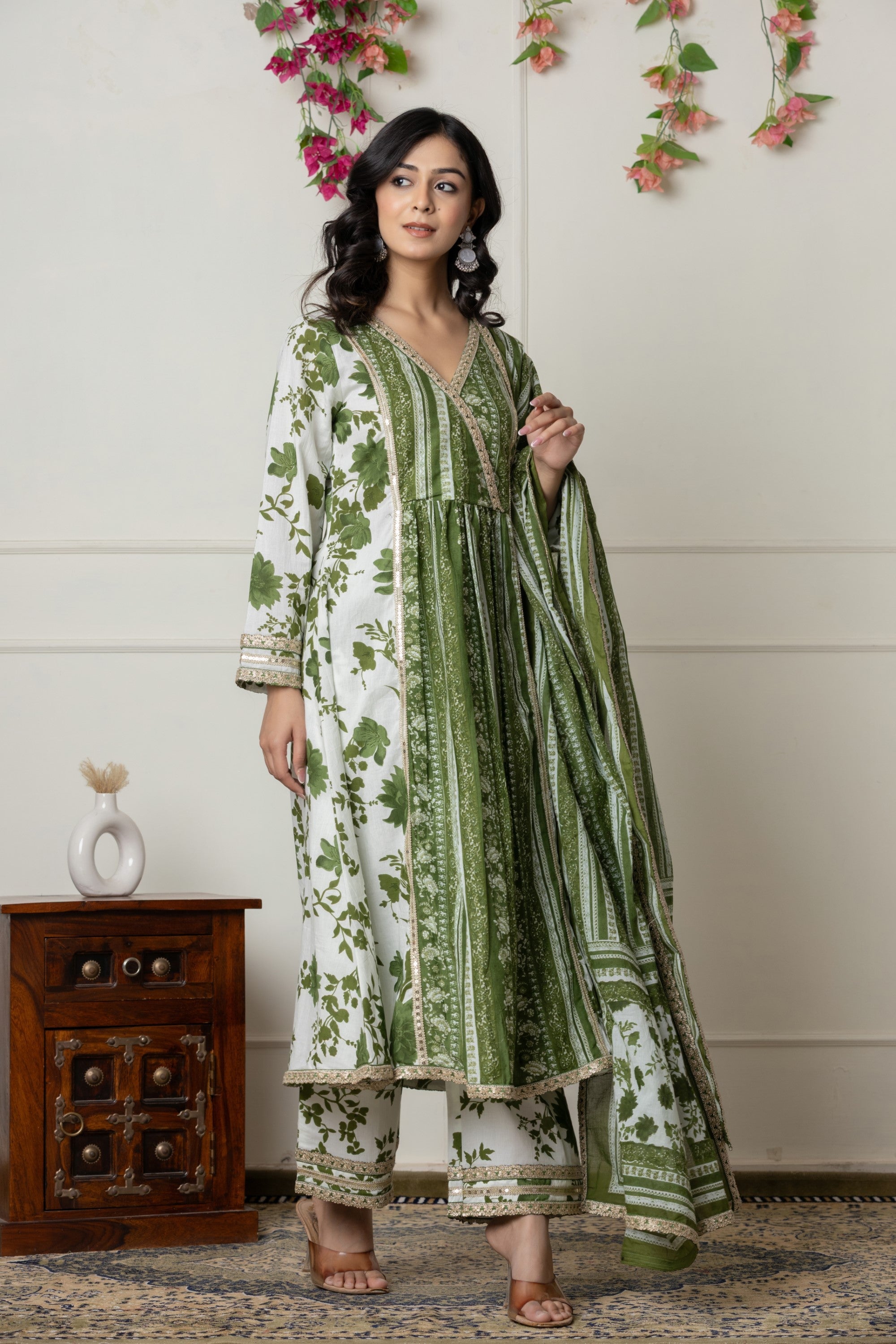 Green Floral Printed Anarkali Kurta Set