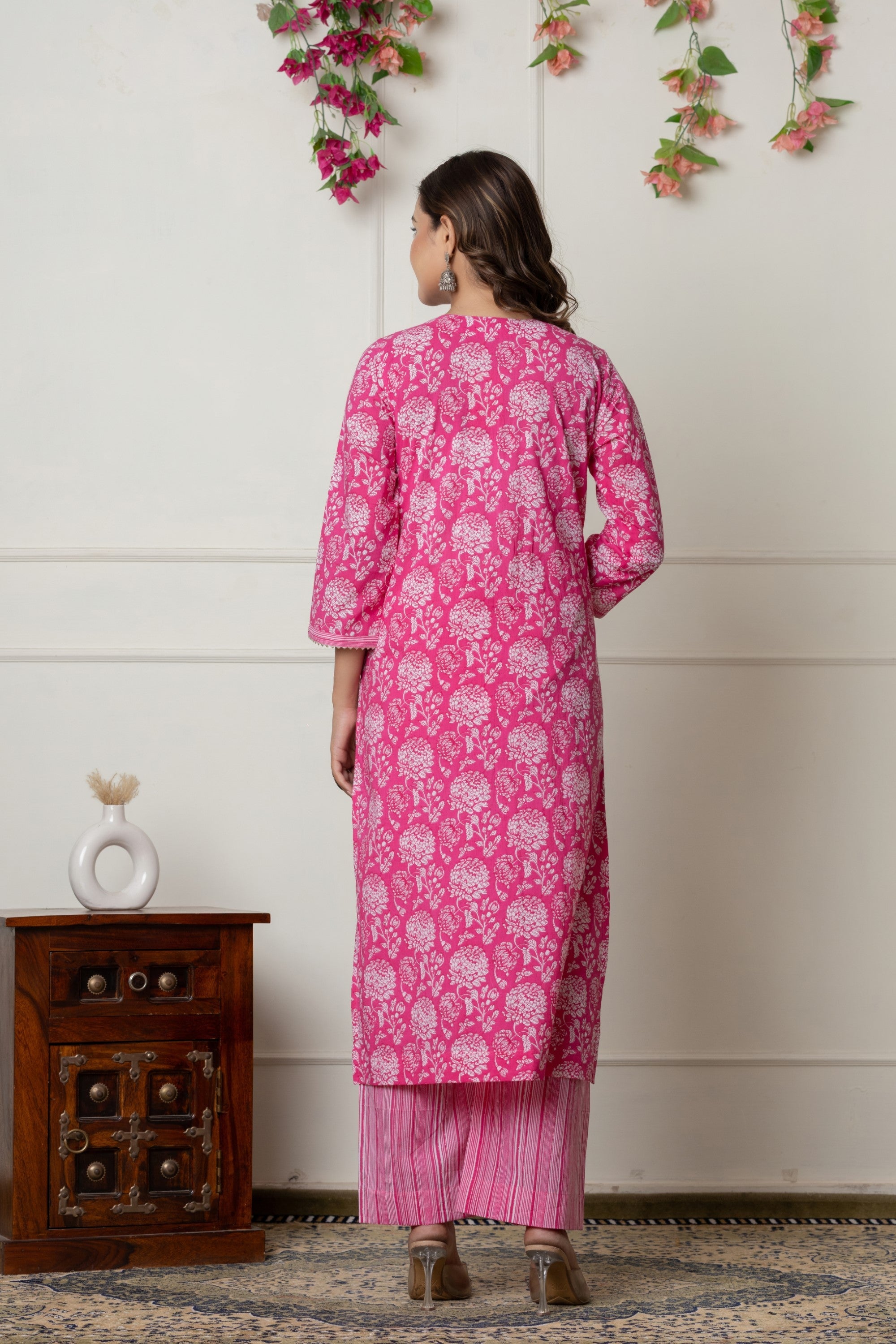 Pink Floral Printed Cotton Suit Set with Dupatta