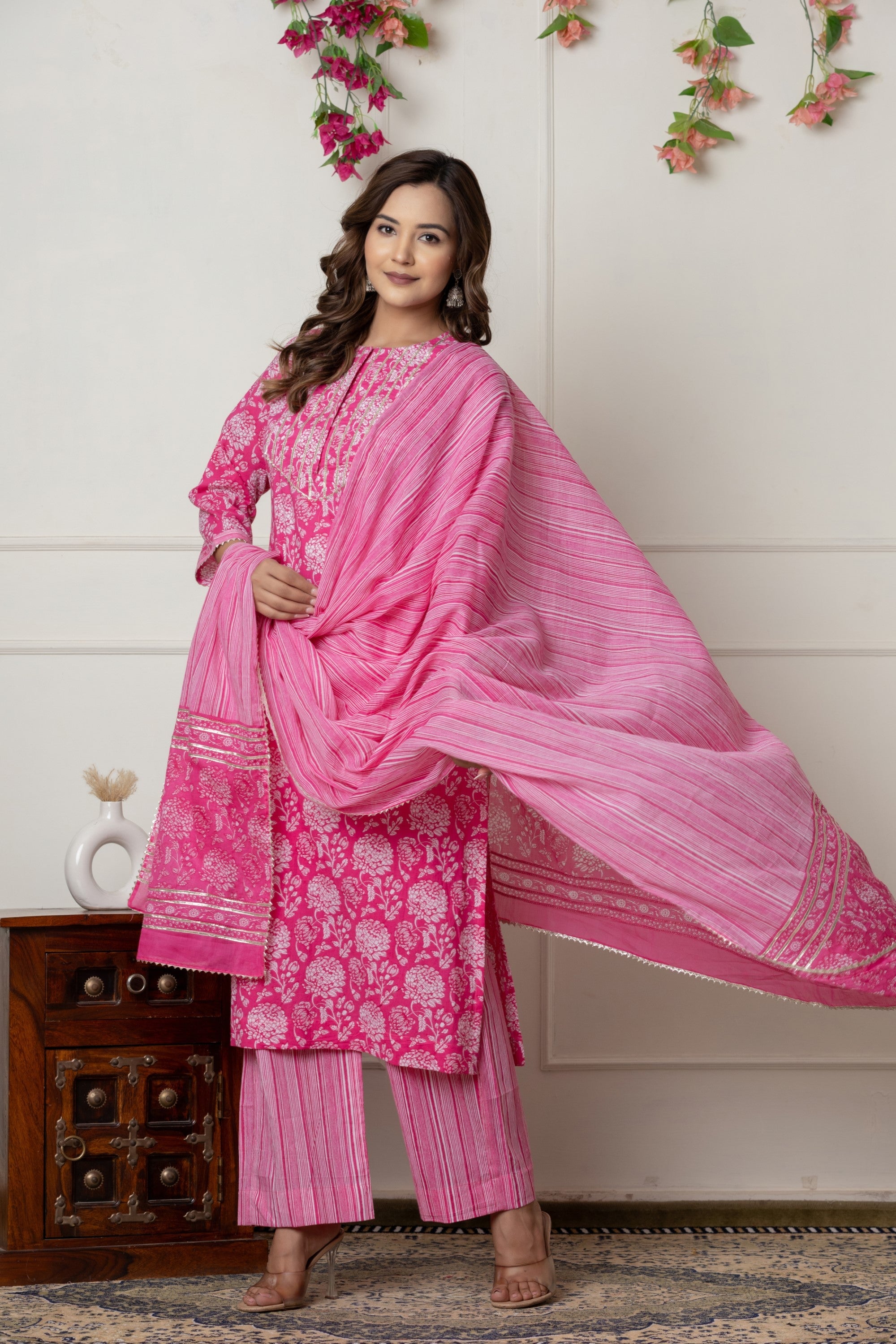 Pink Floral Printed Cotton Suit Set with Dupatta