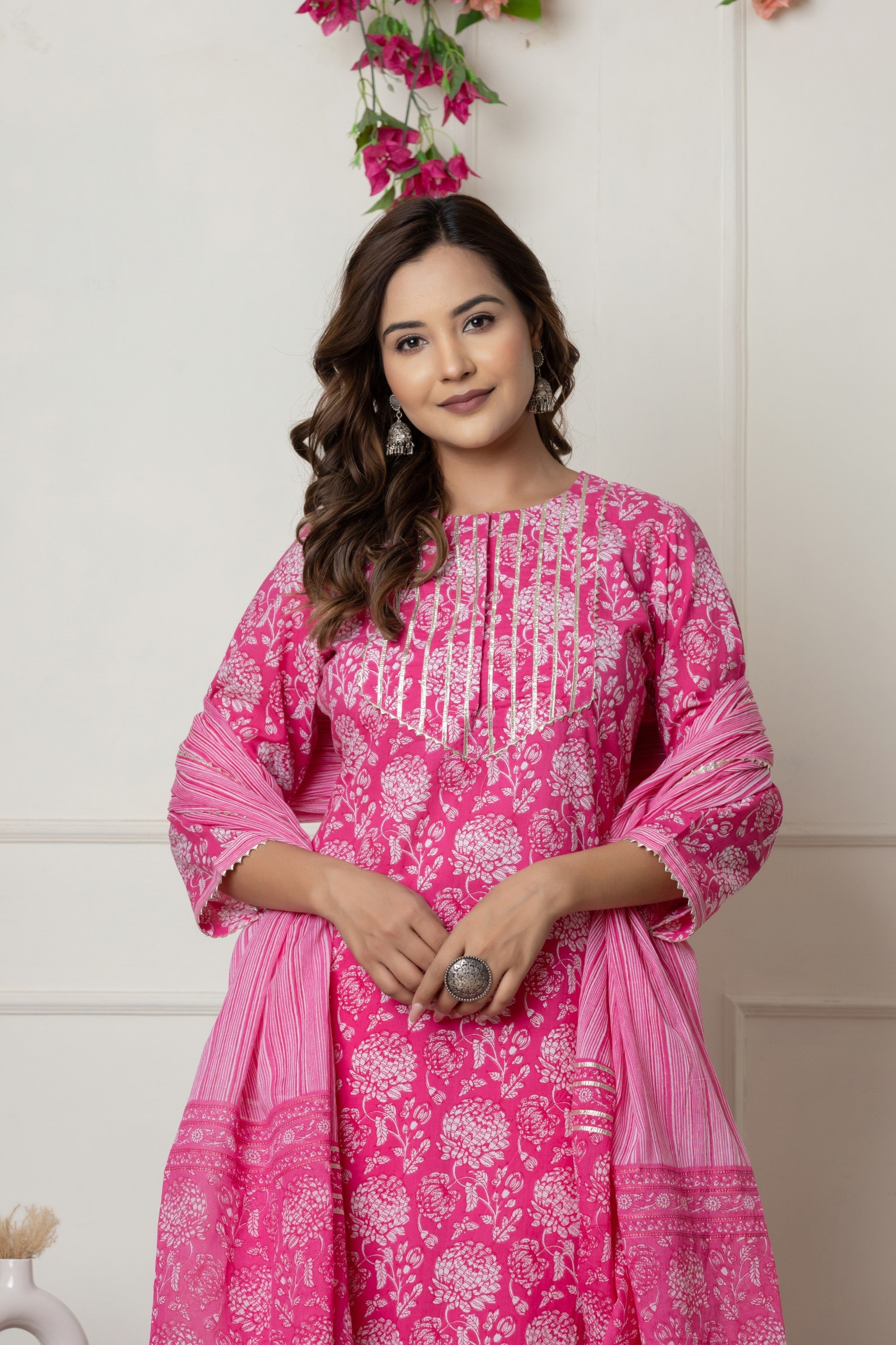 Pink Floral Printed Cotton Suit Set with Dupatta