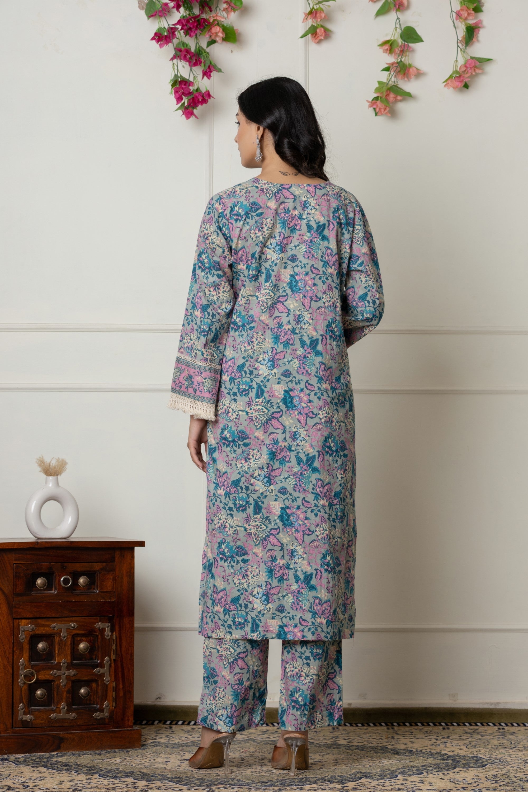 Pastel Blue & Pink Floral Printed Cotton Suit Set