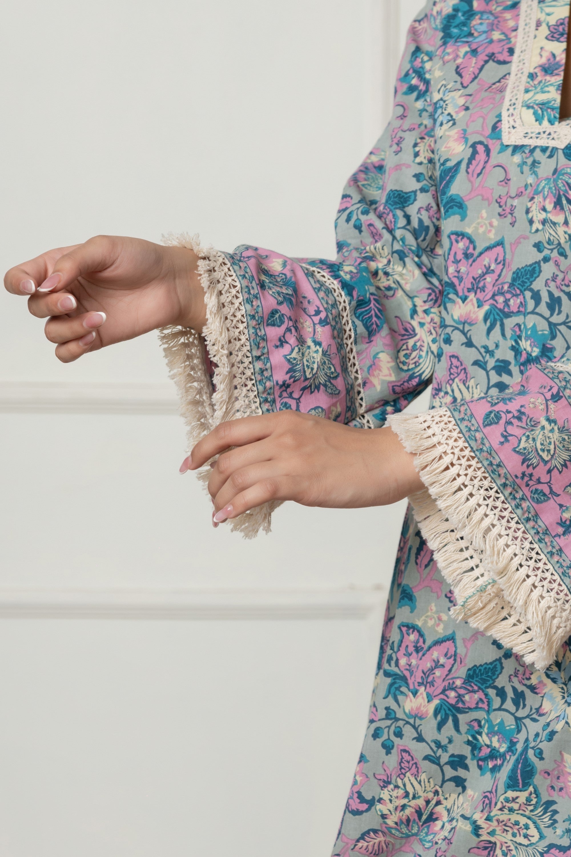 Pastel Blue & Pink Floral Printed Cotton Suit Set