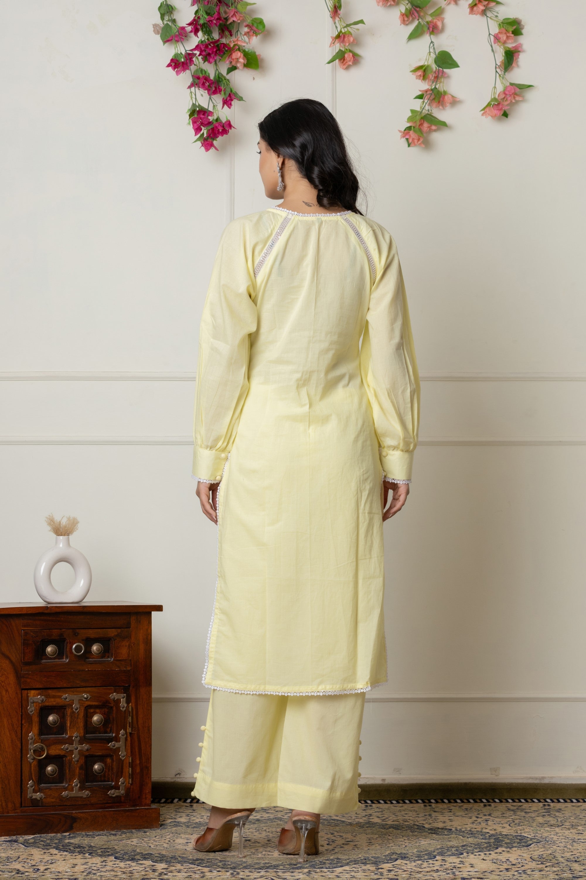 Lemon Yellow 2-Piece Cotton Ensemble with Lace Detailing
