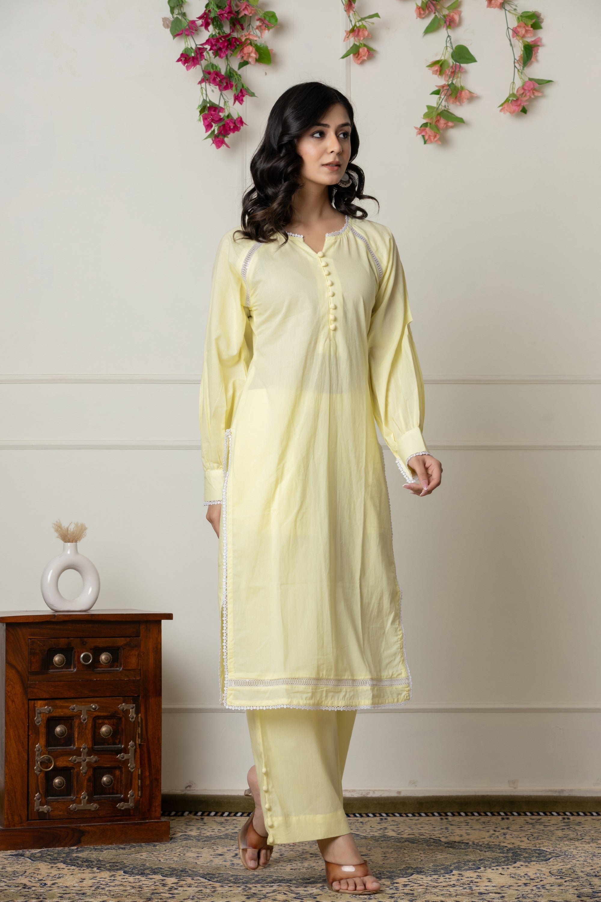 Lemon Yellow 2-Piece Cotton Ensemble with Lace Detailing