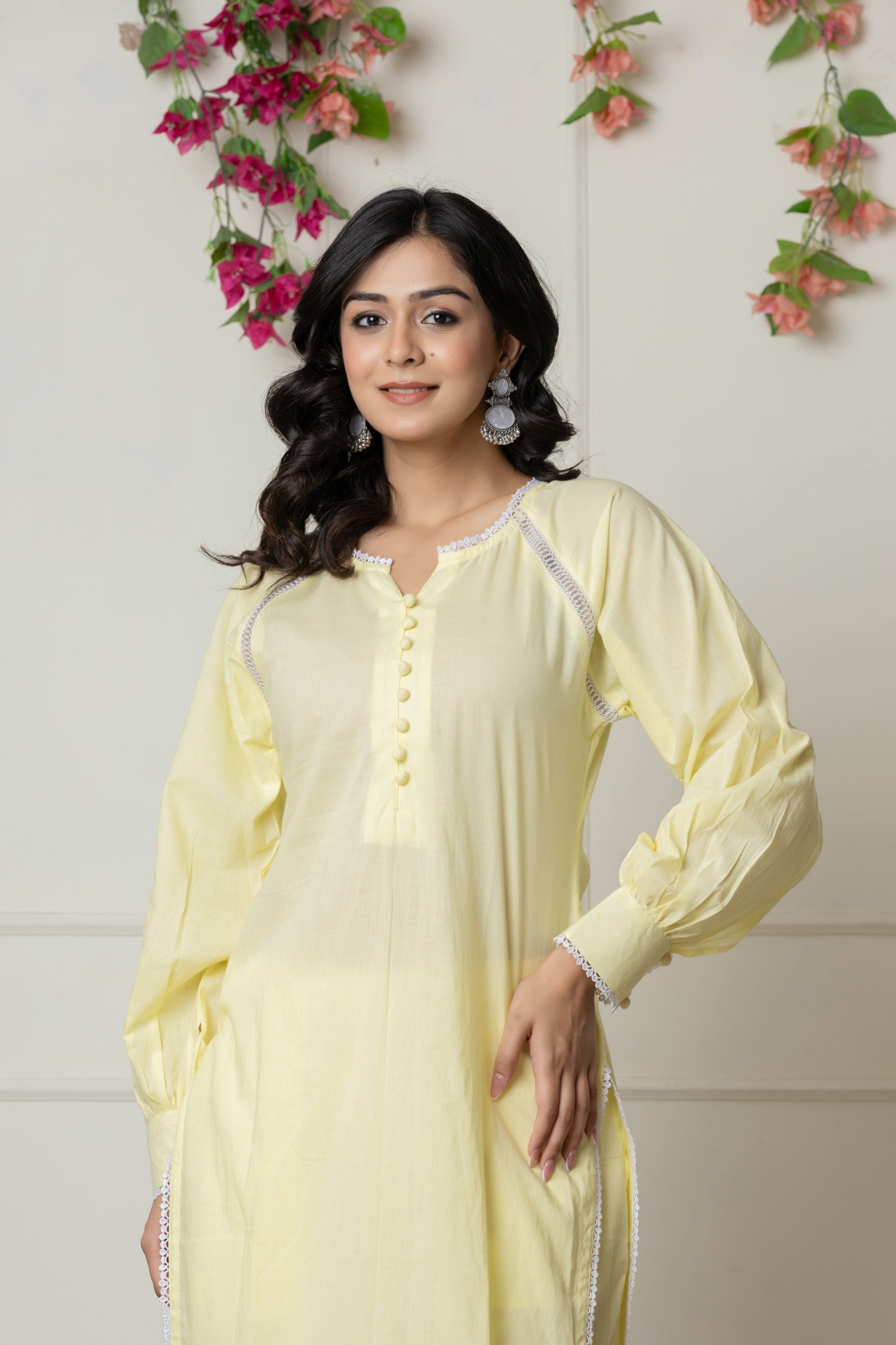 Lemon Yellow 2-Piece Cotton Ensemble with Lace Detailing