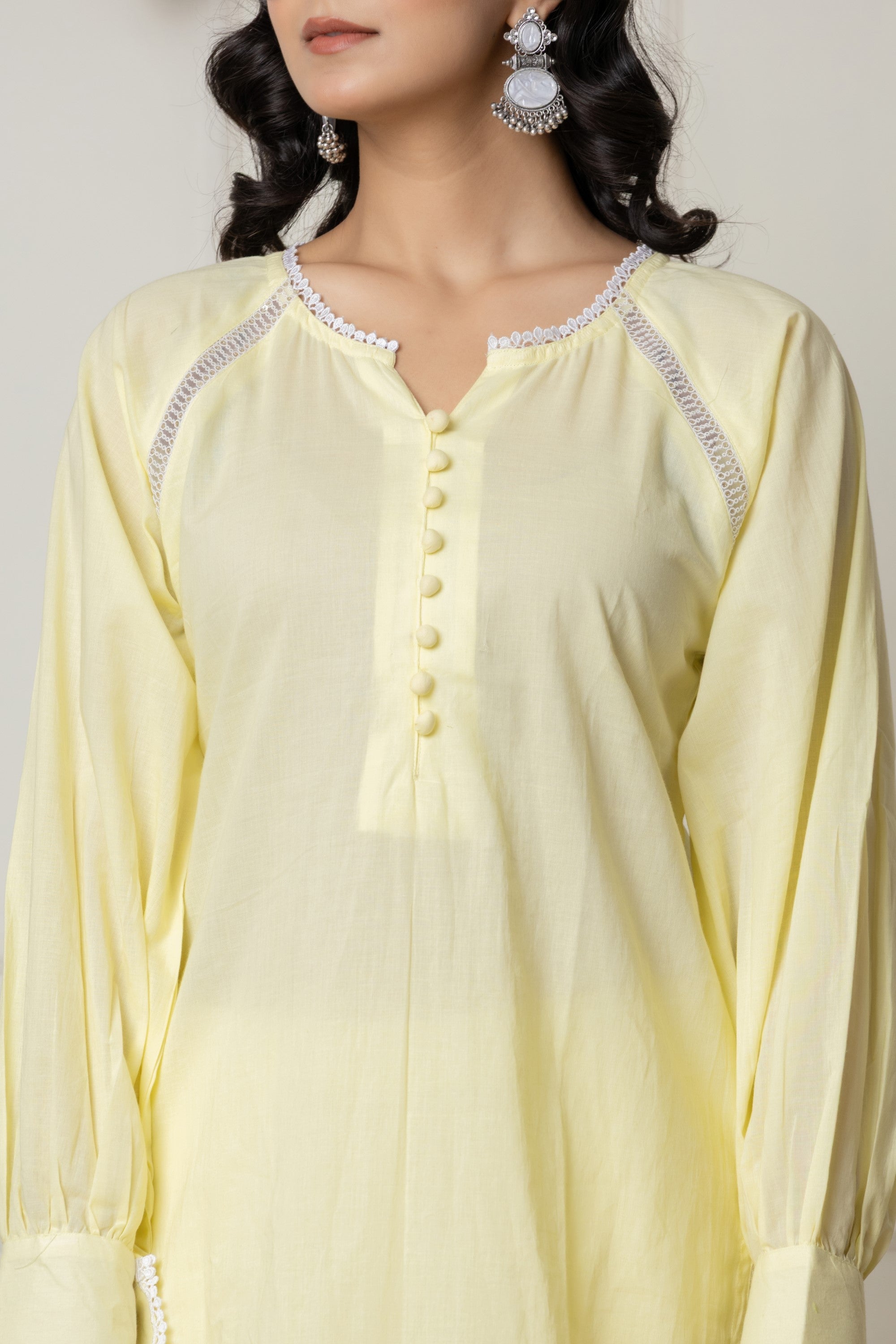 Lemon Yellow 2-Piece Cotton Ensemble with Lace Detailing