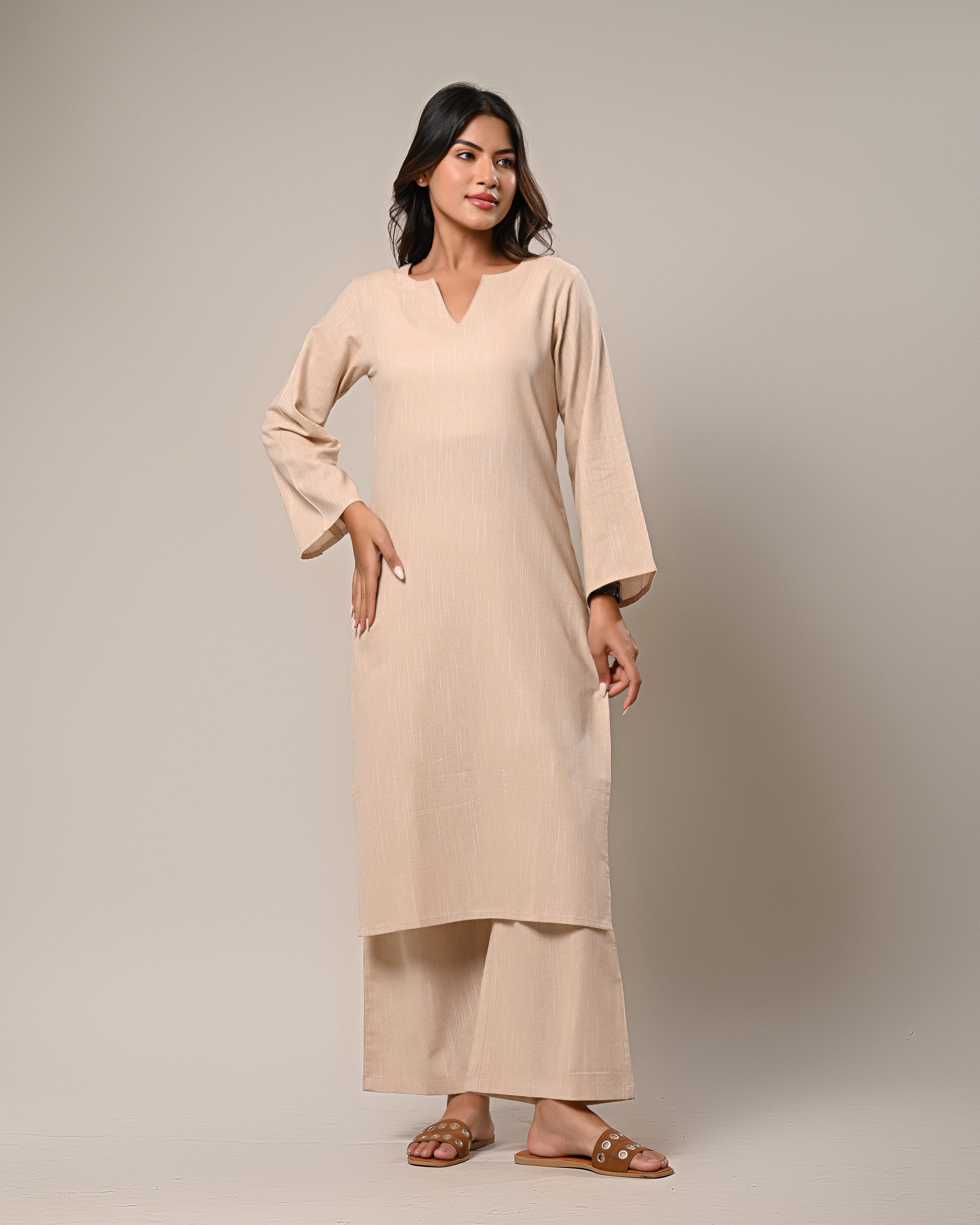 Beige V-neck Kurta with Wide-Legged Palazzos