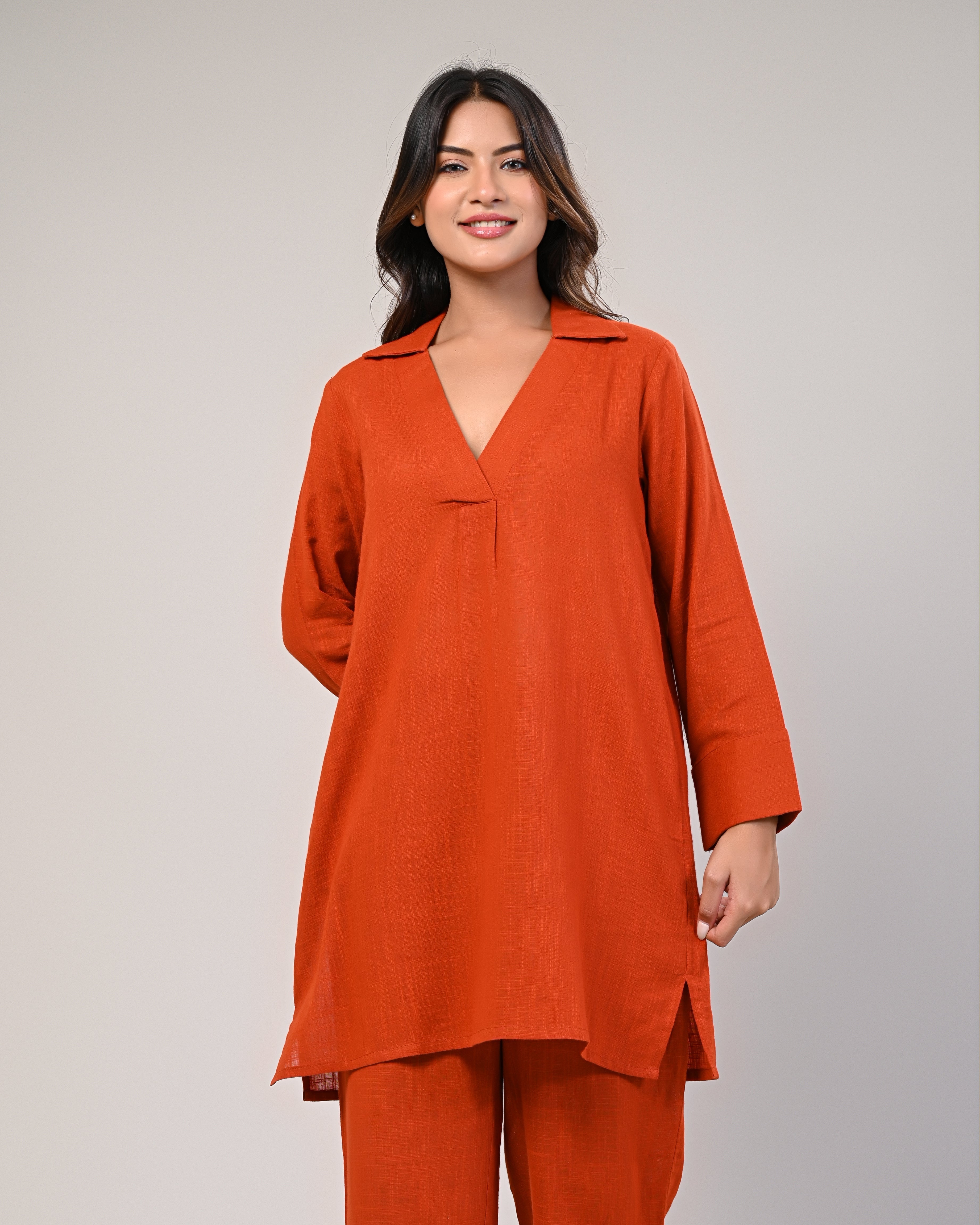 Orange V-neck Pleated Kurta With Afghani Pants