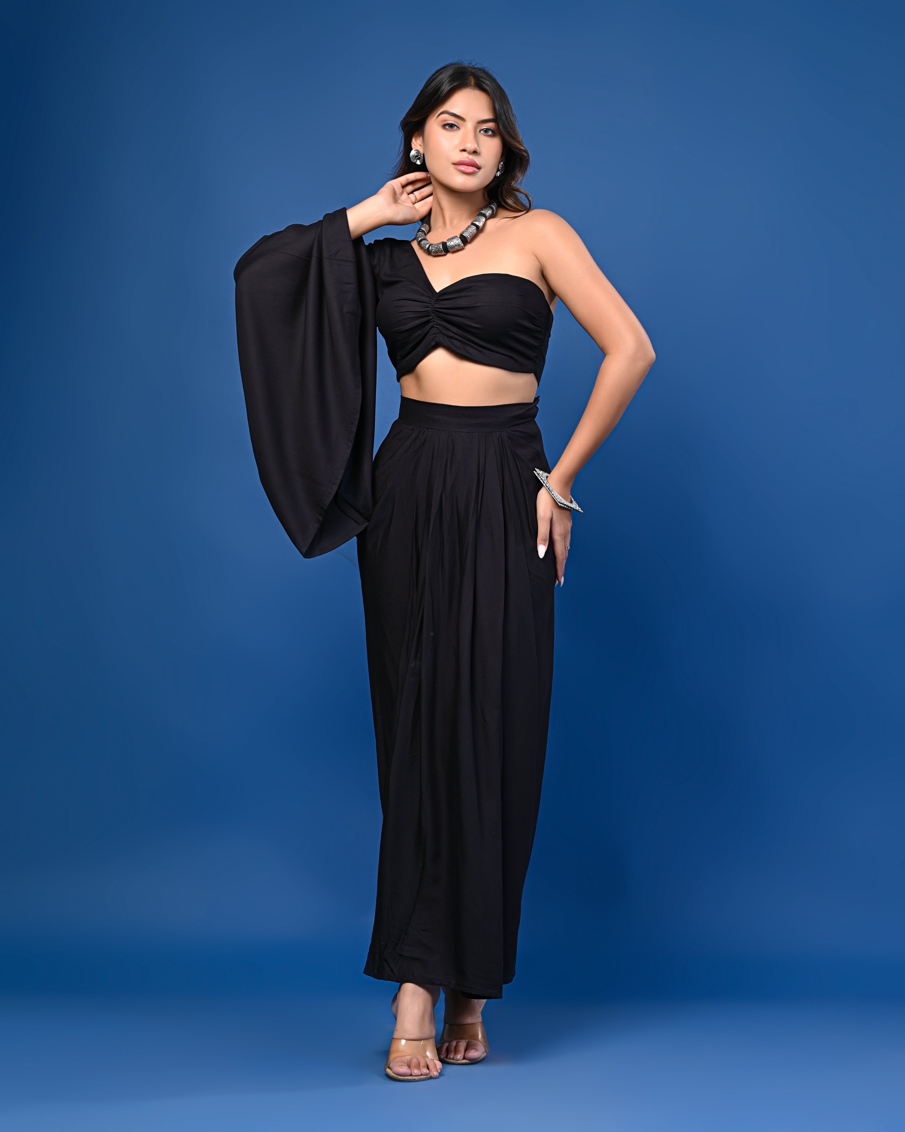 Black One-Shoulder Crop Top with Pleated Black Skirt