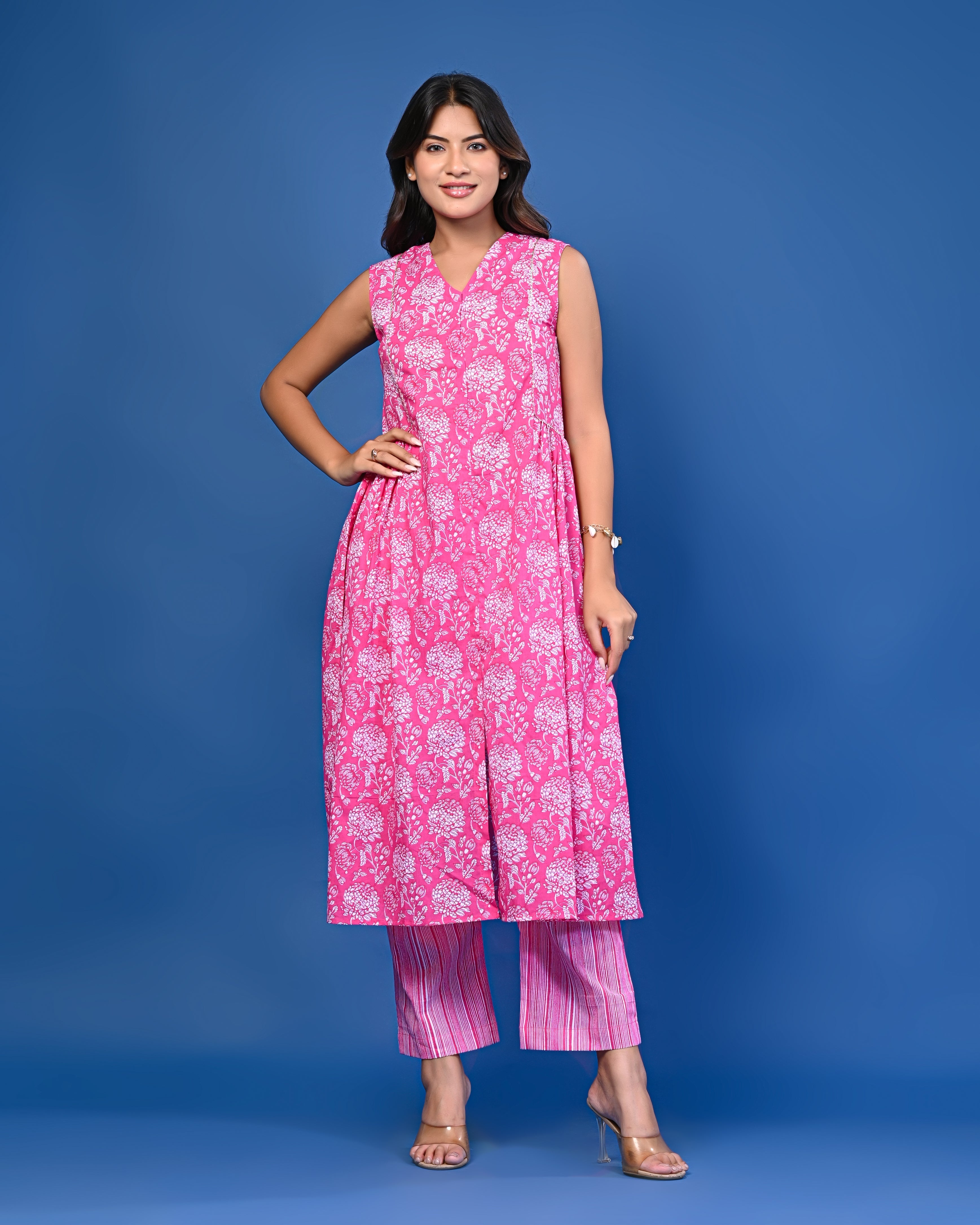Pink Printed Sleeveless Kurta Set