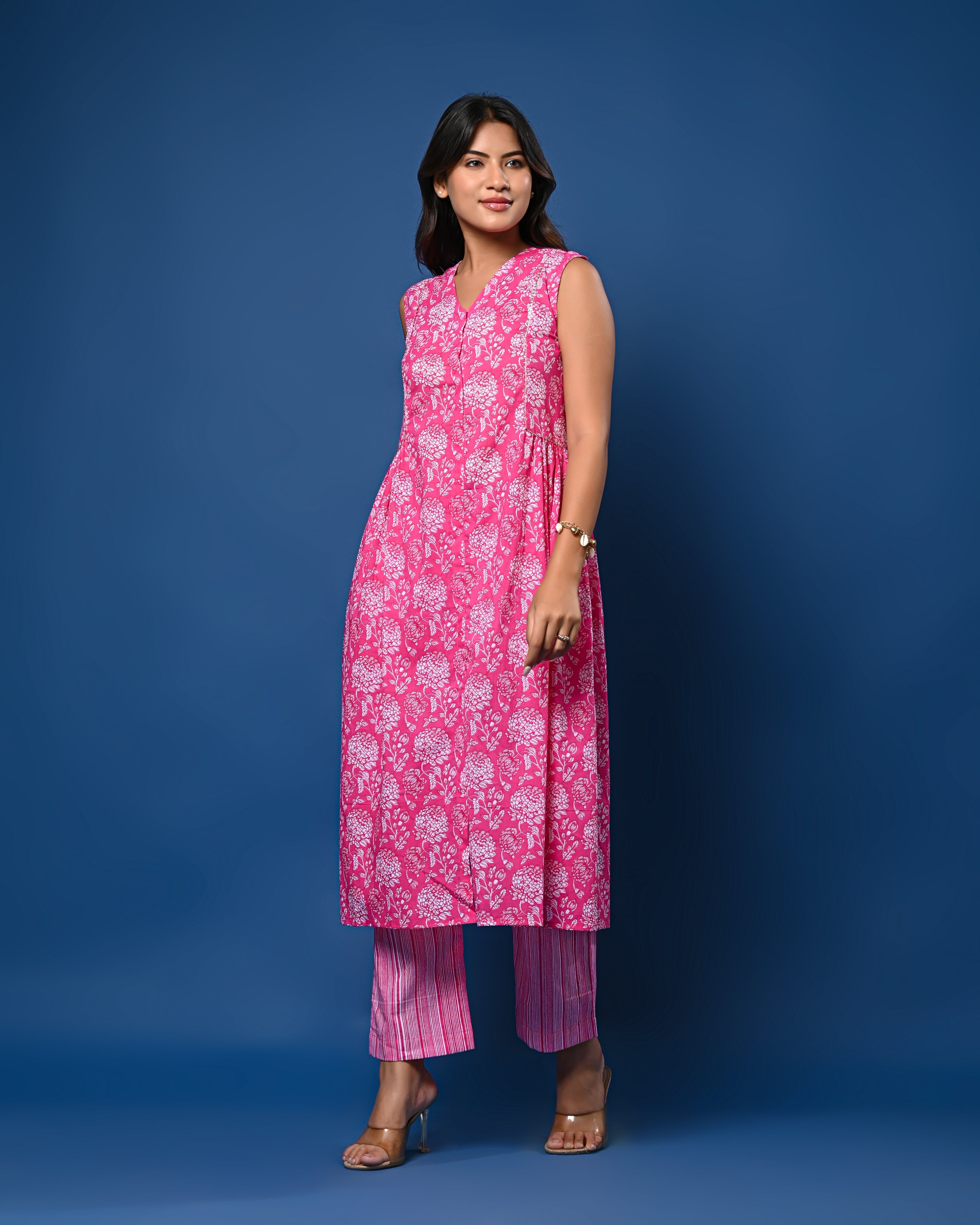 Pink Printed Sleeveless Kurta Set