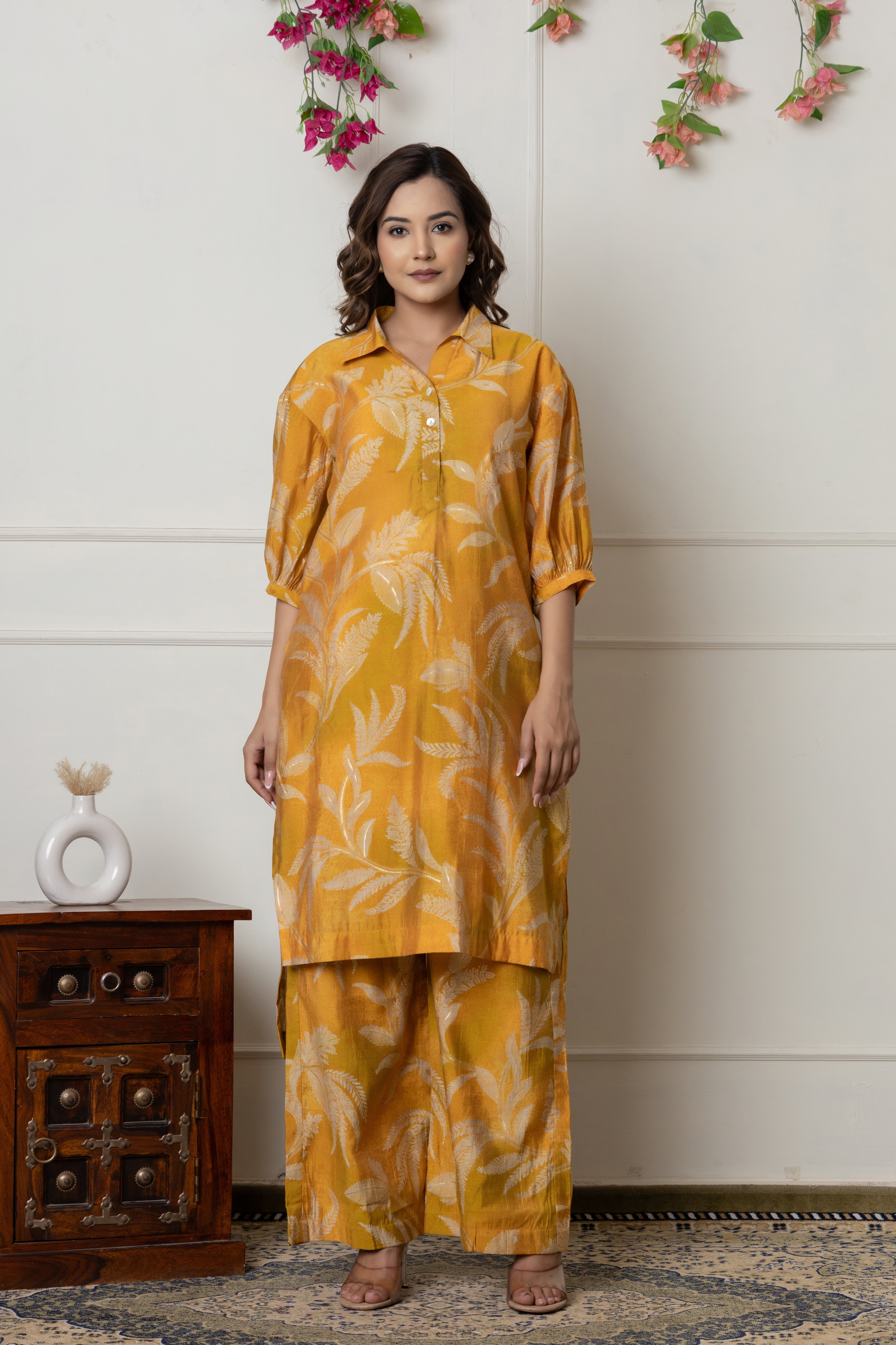 Mustard Botanical Printed Muslin Kurta Palazzo Set