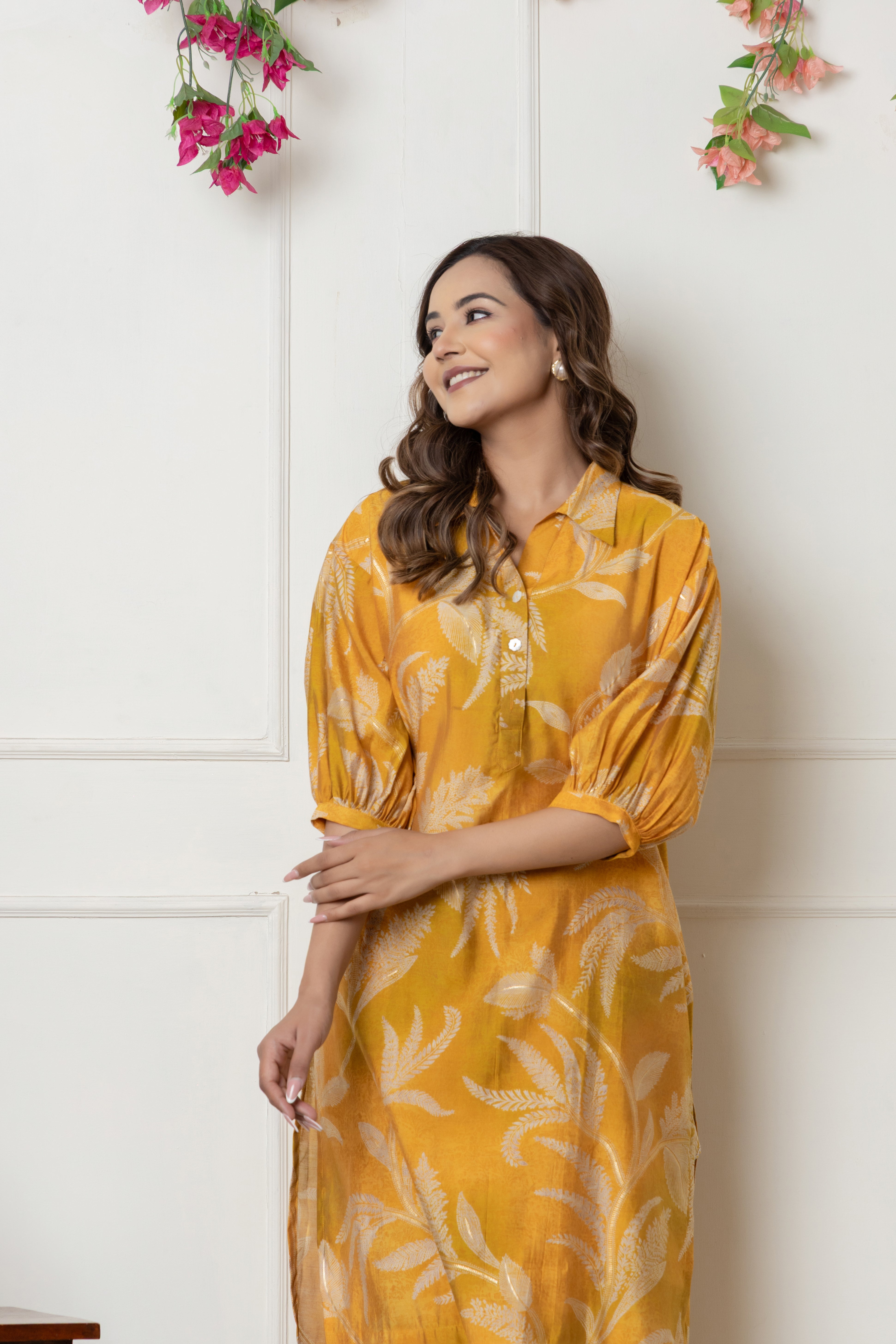 Mustard Botanical Printed Muslin Kurta Palazzo Set