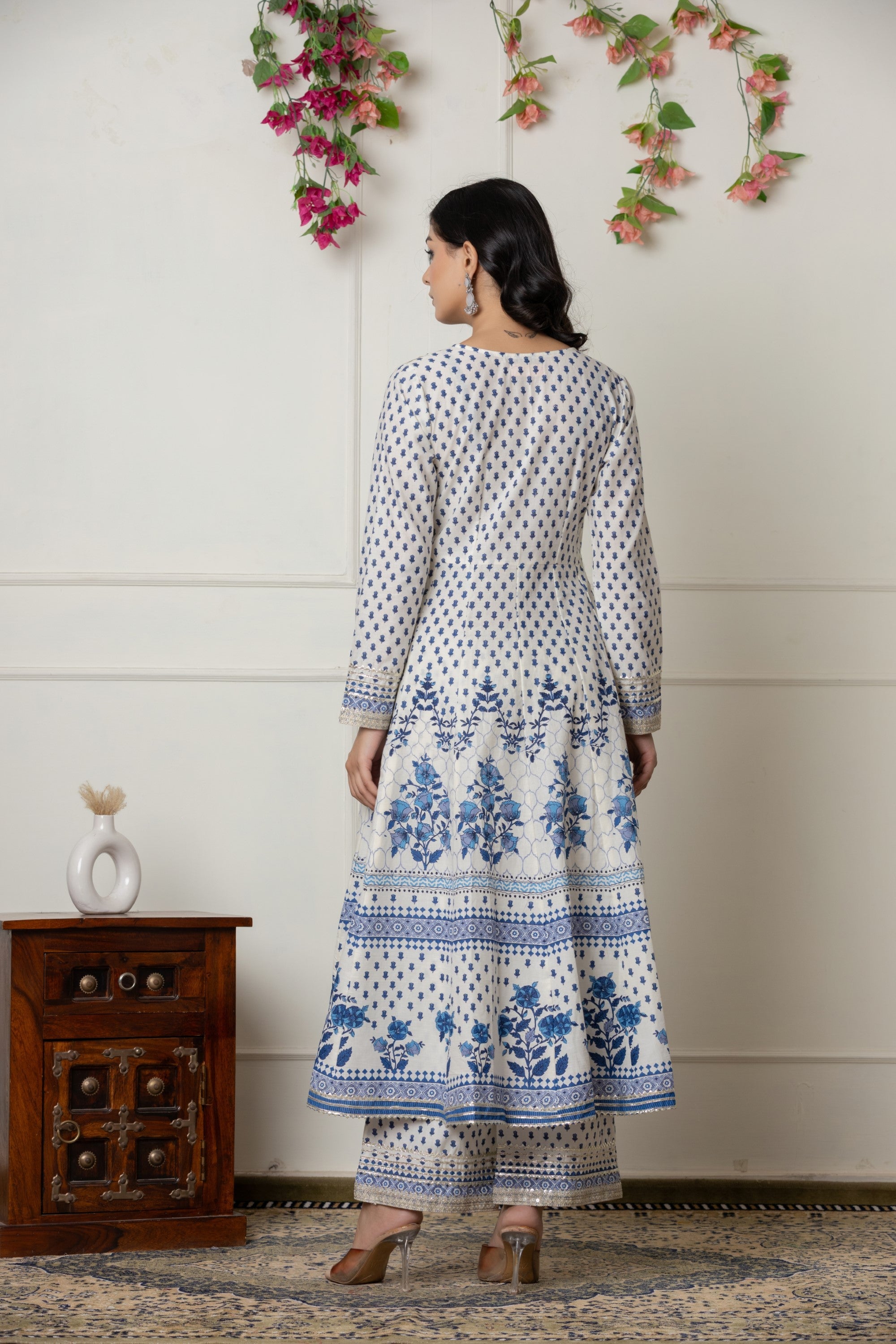 Ivory & Blue Block Printed Anarkali Set with Dupatta