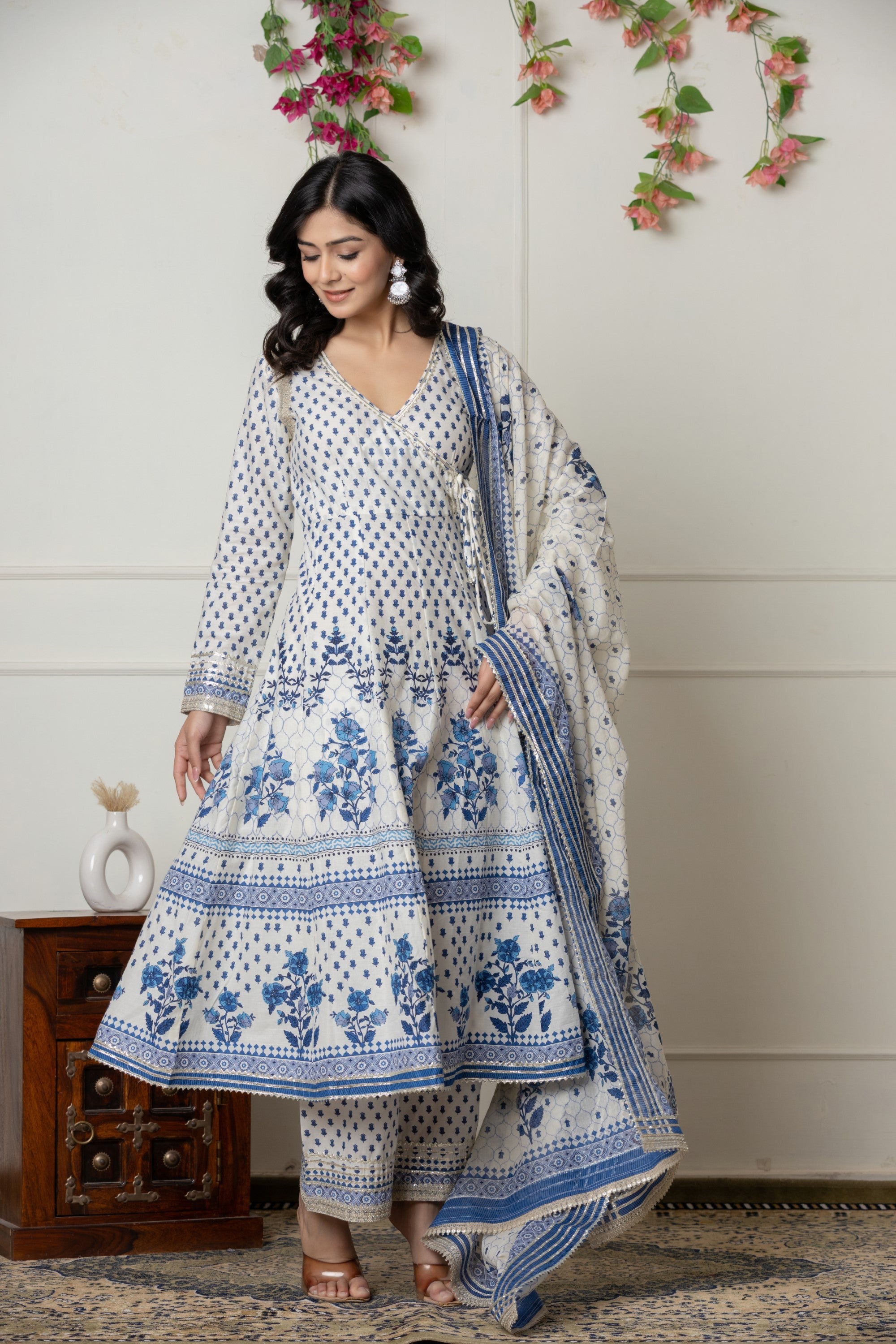Ivory & Blue Block Printed Anarkali Set with Dupatta