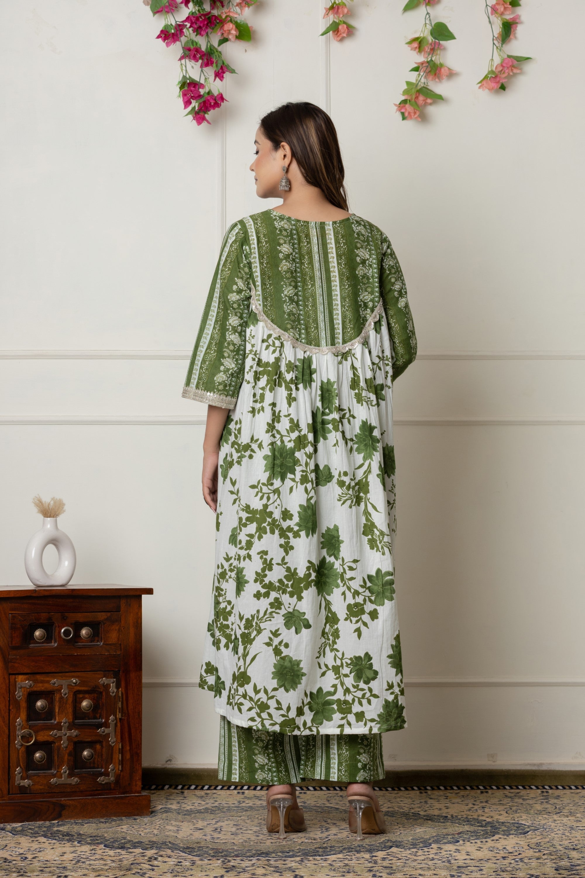 Green & White Floral Printed A-Line Cotton Suit Set with Dupatta