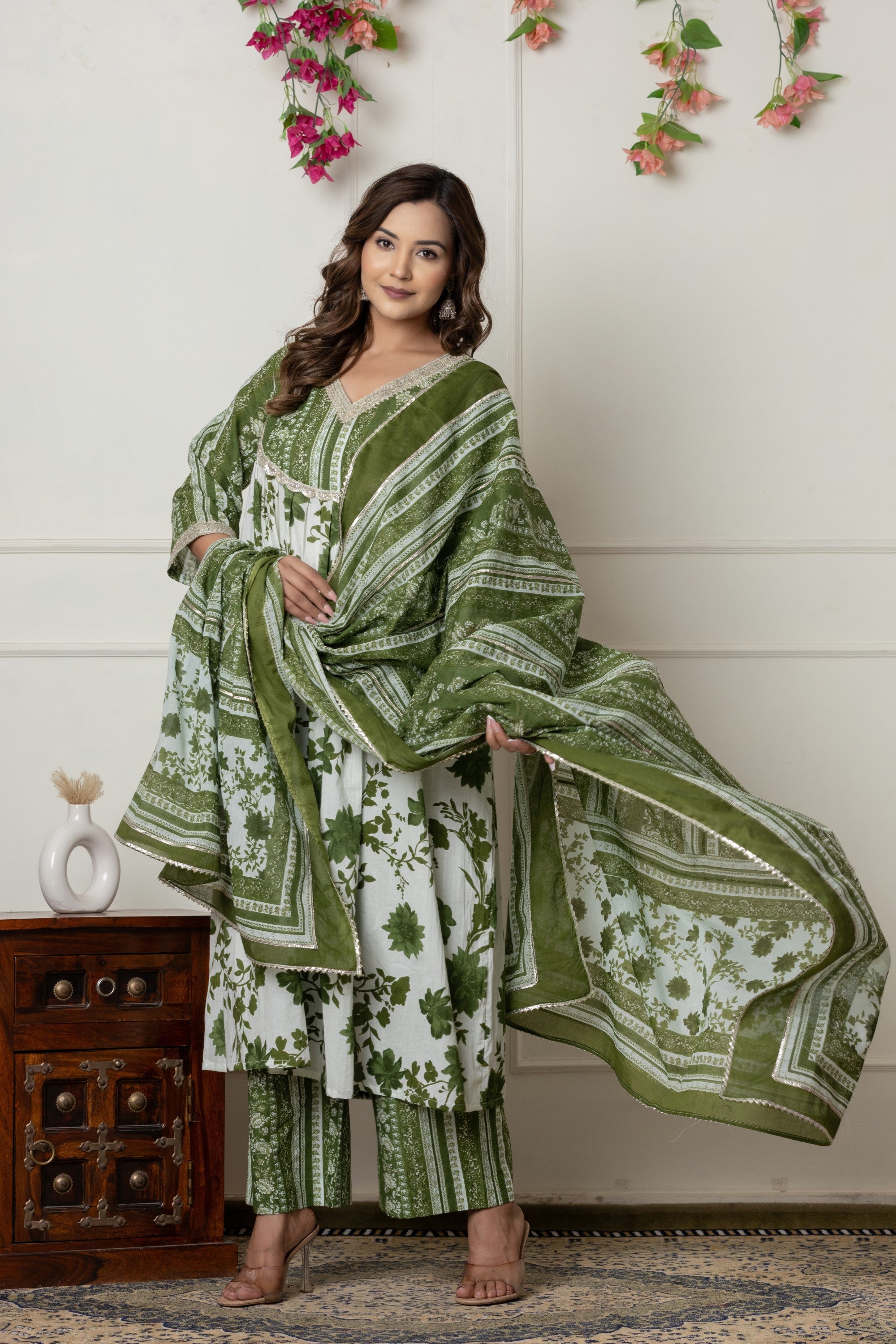 Green & White Floral Printed A-Line Cotton Suit Set with Dupatta