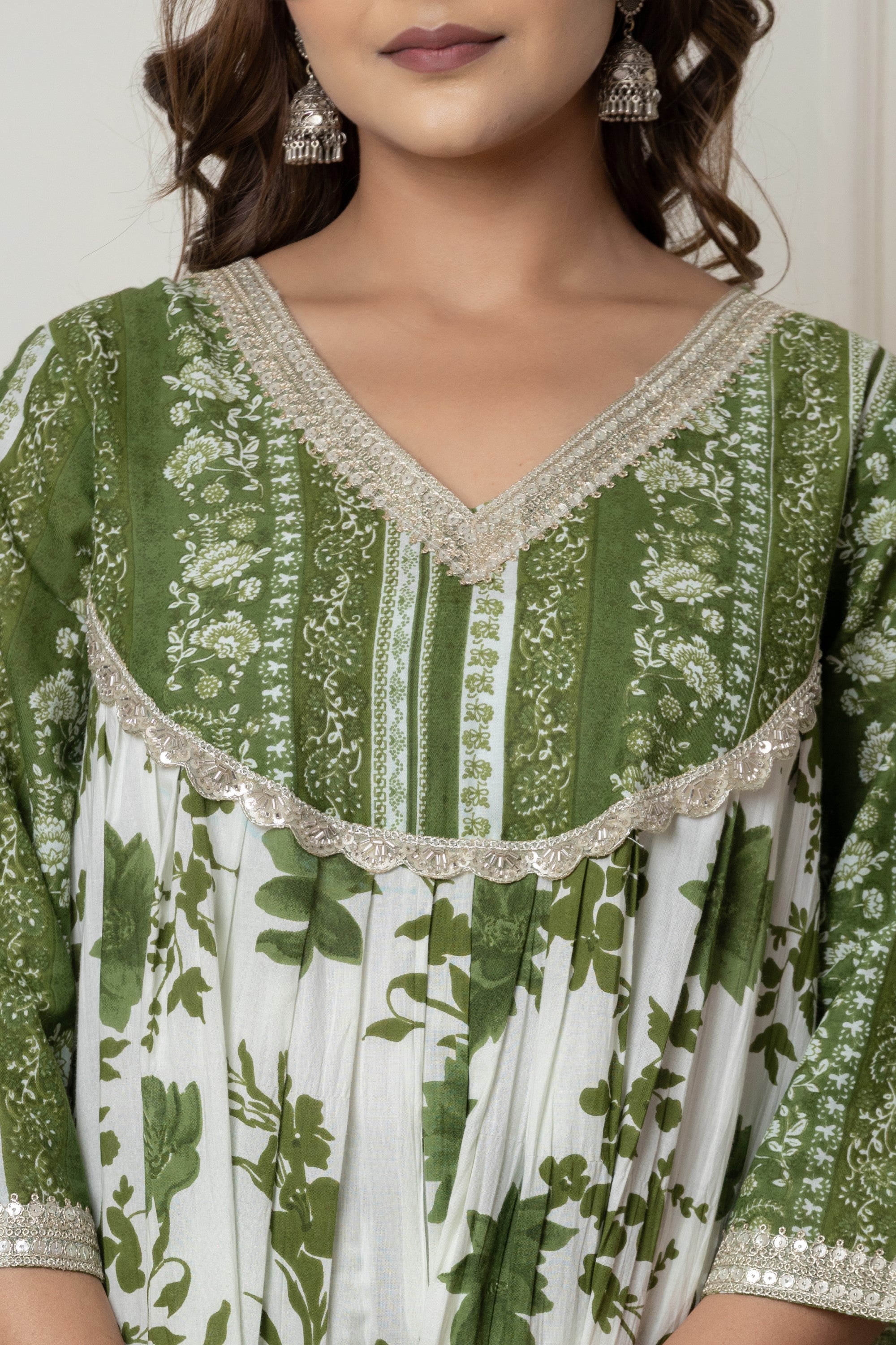 Green & White Floral Printed A-Line Cotton Suit Set with Dupatta