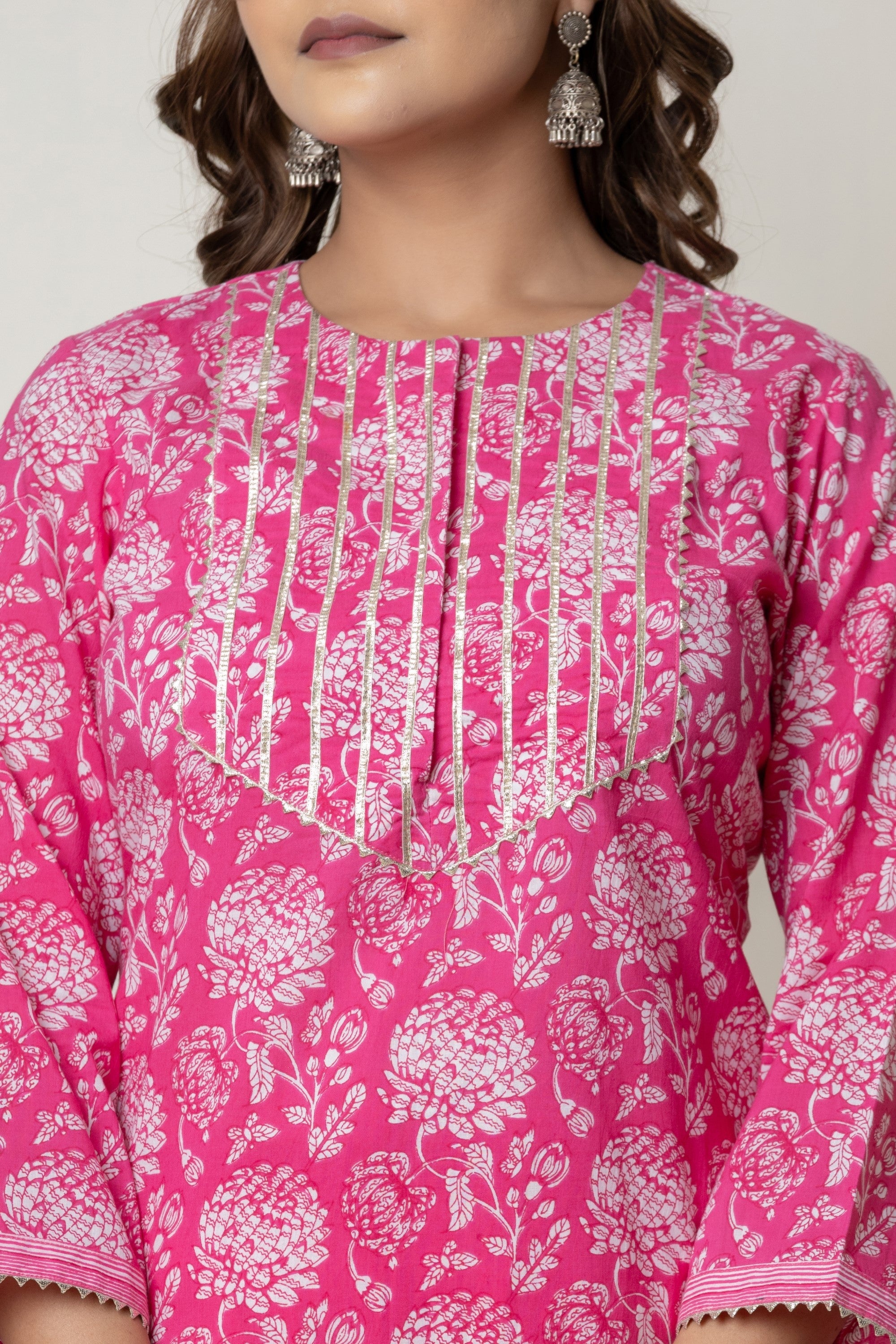 Pink Floral Printed Cotton Suit Set with Dupatta