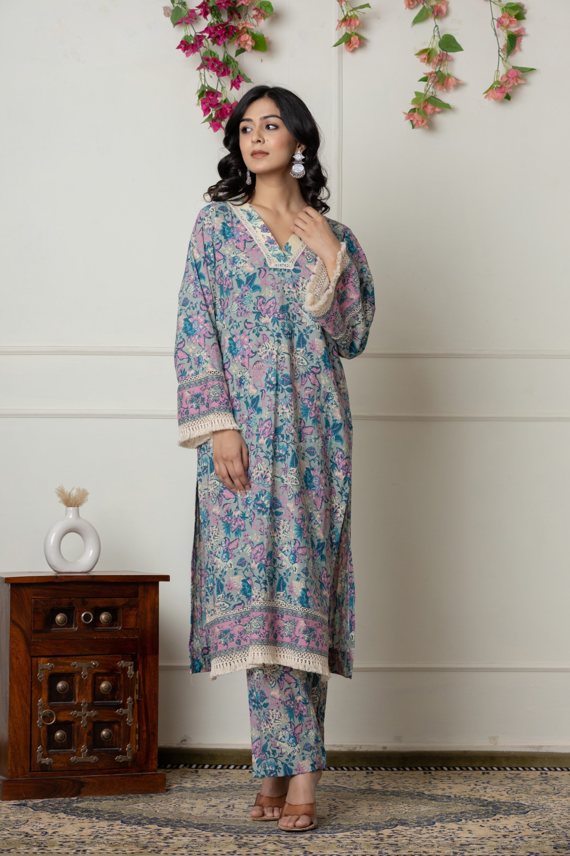 Pastel Blue & Pink Floral Printed Cotton Suit Set