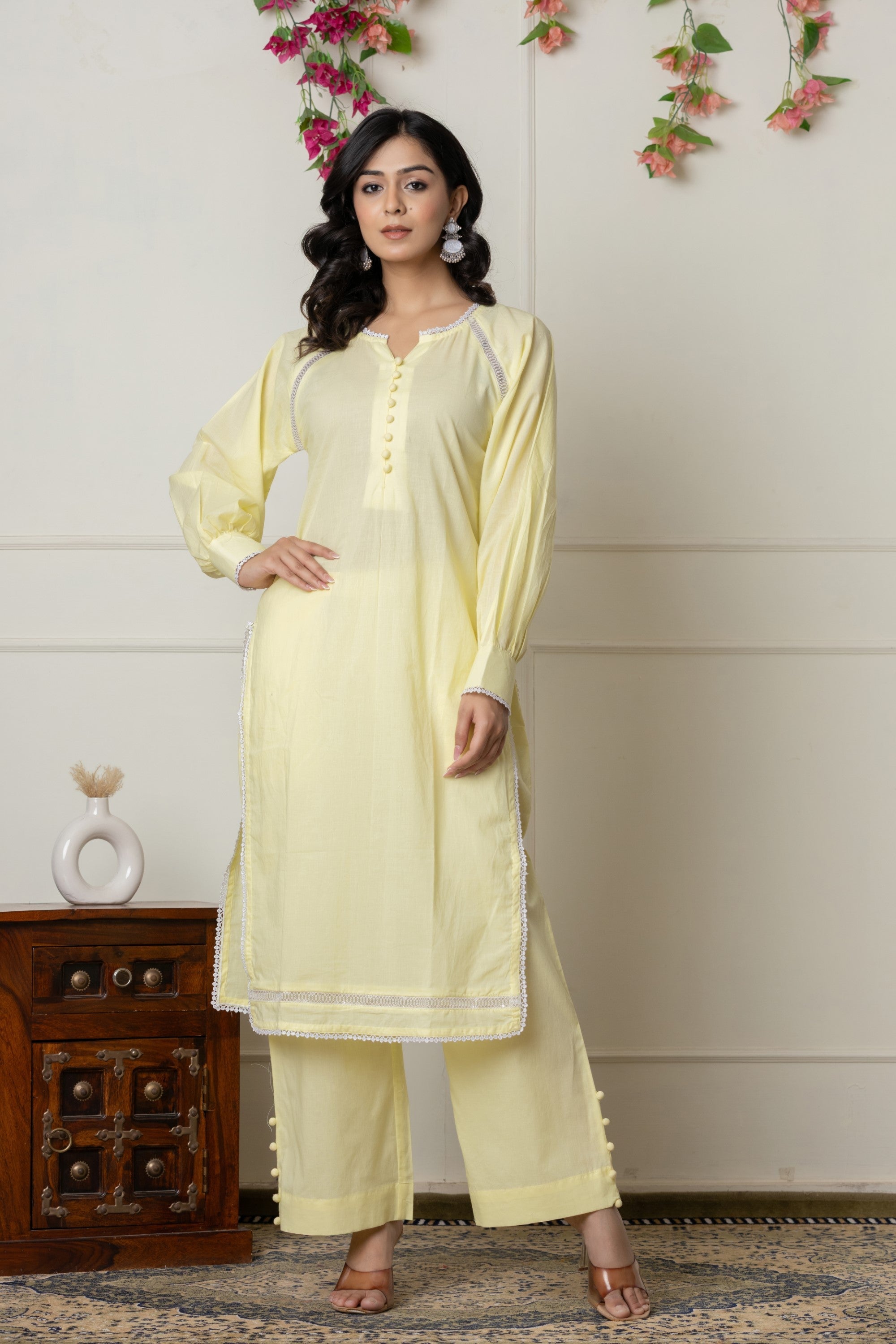 Lemon Yellow 2-Piece Cotton Ensemble with Lace Detailing