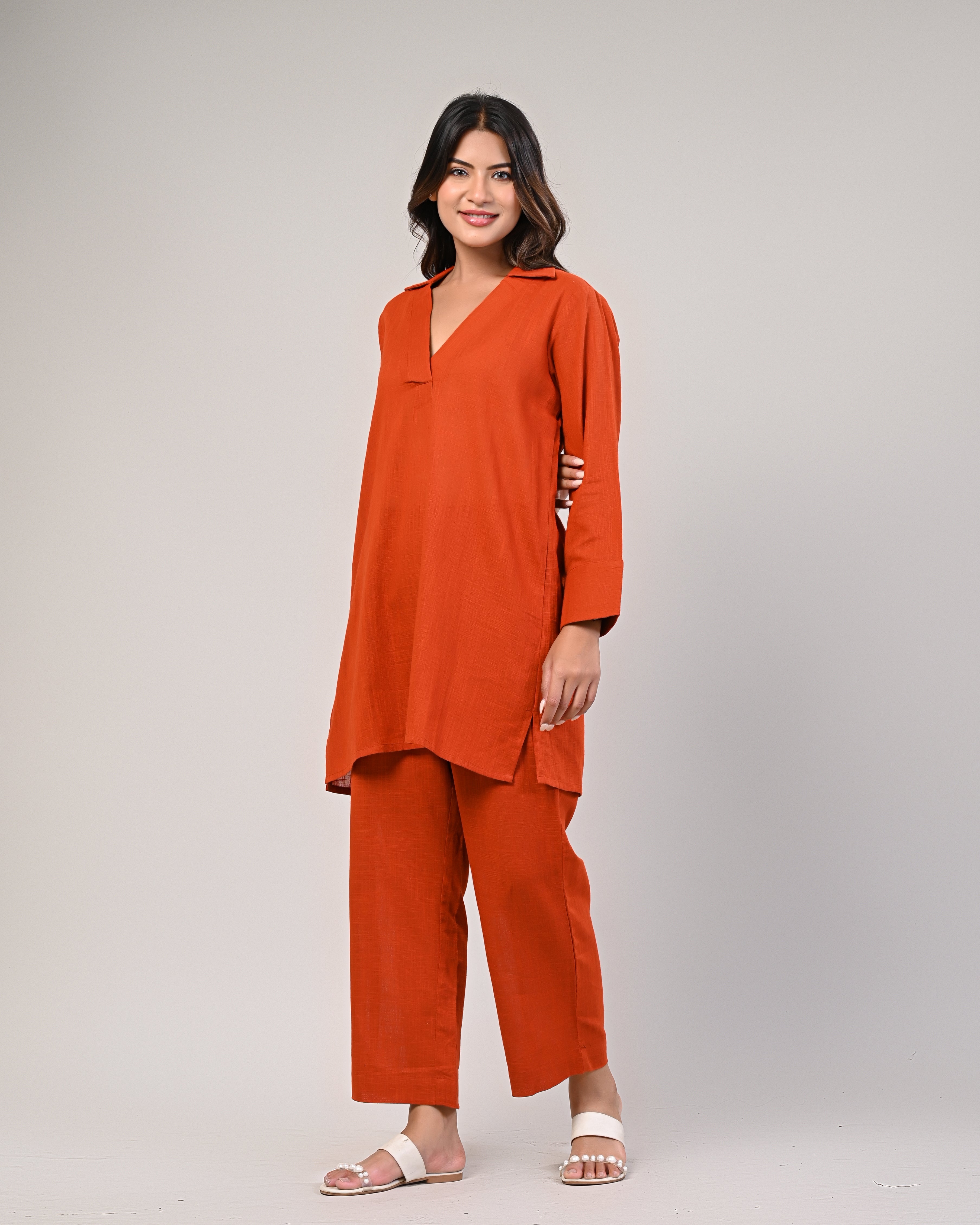 Orange V-neck Pleated Kurta With Afghani Pants
