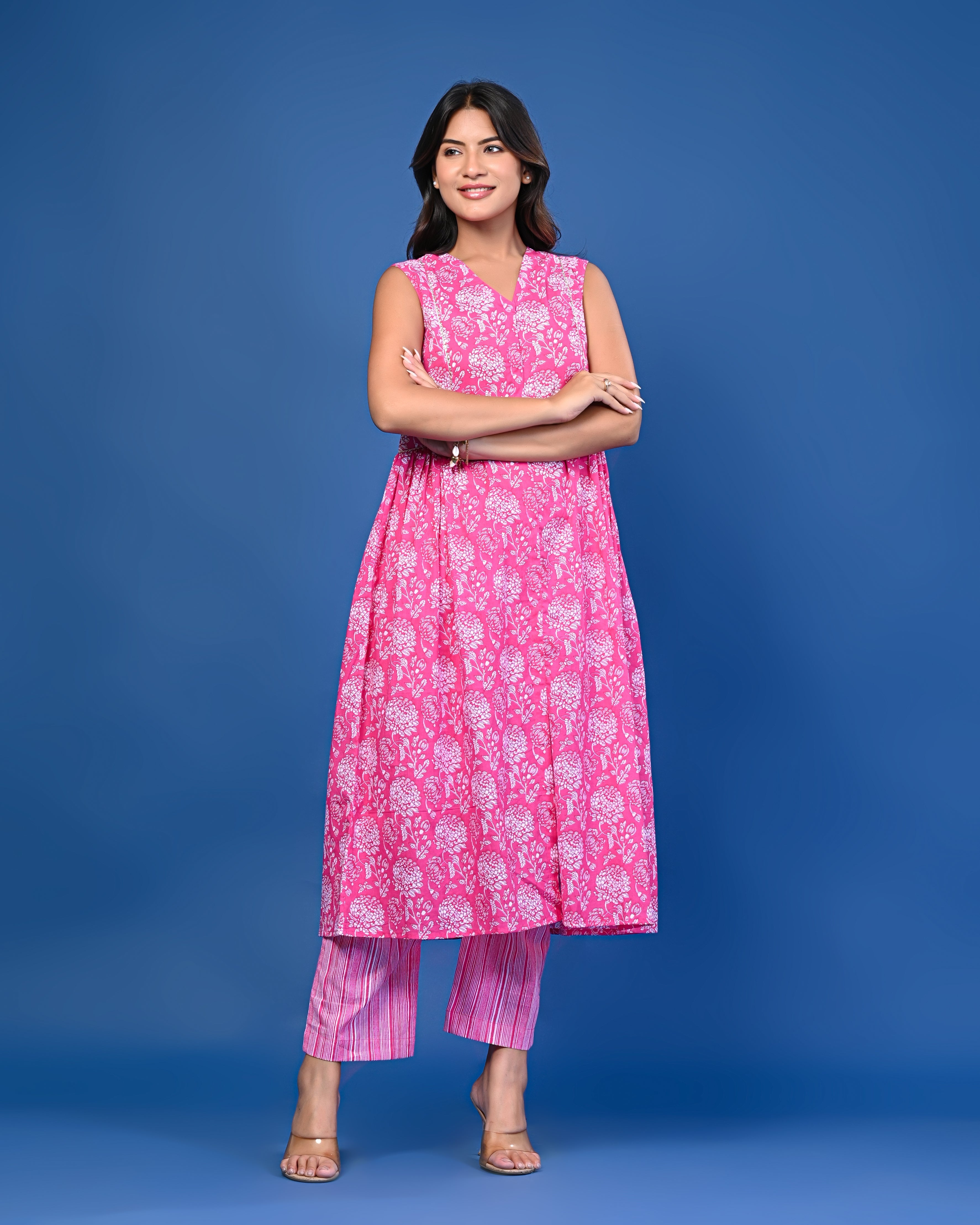 Pink Printed Sleeveless Kurta Set