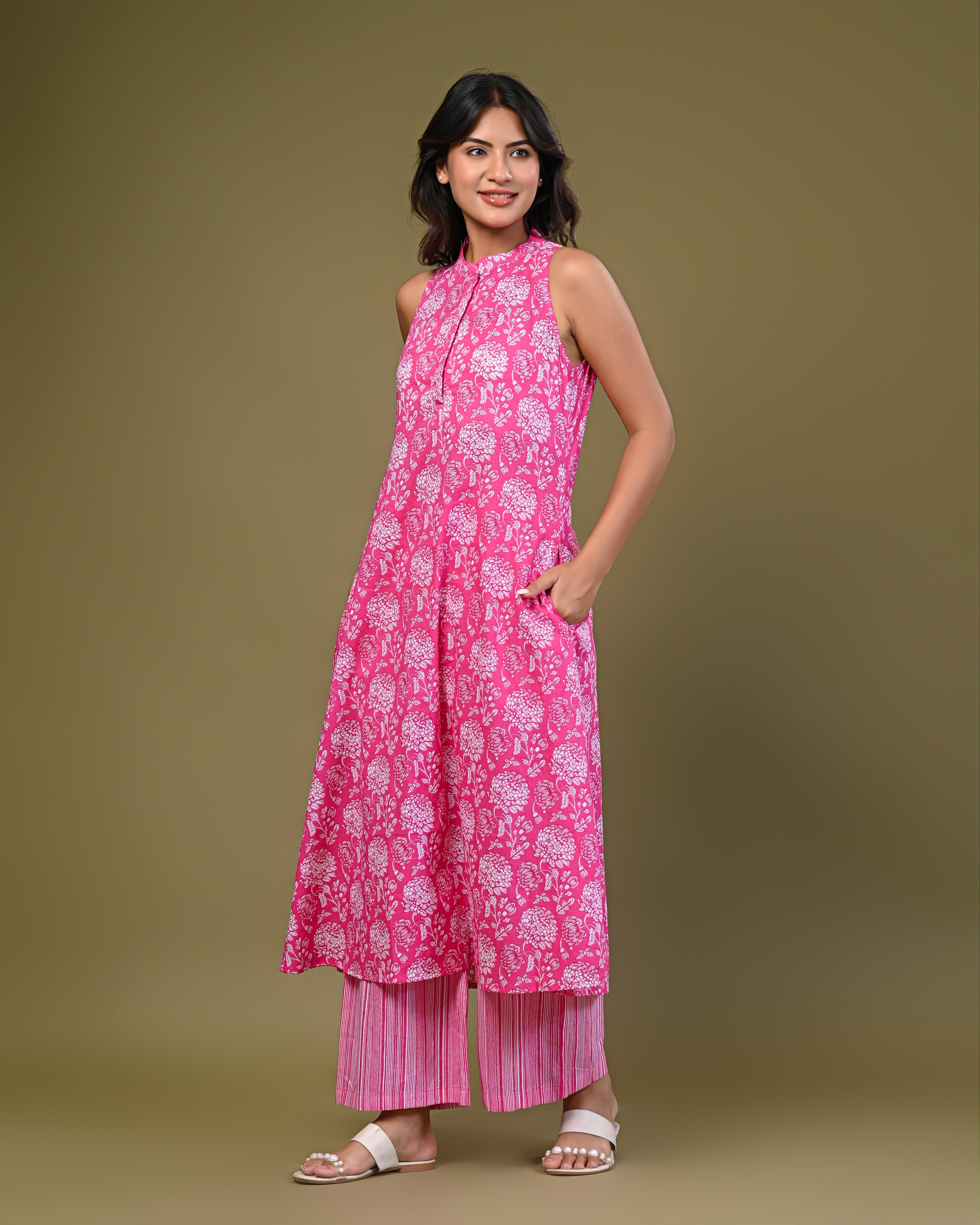 Pink Sleeveless Kurta with Printed Palazzo Set