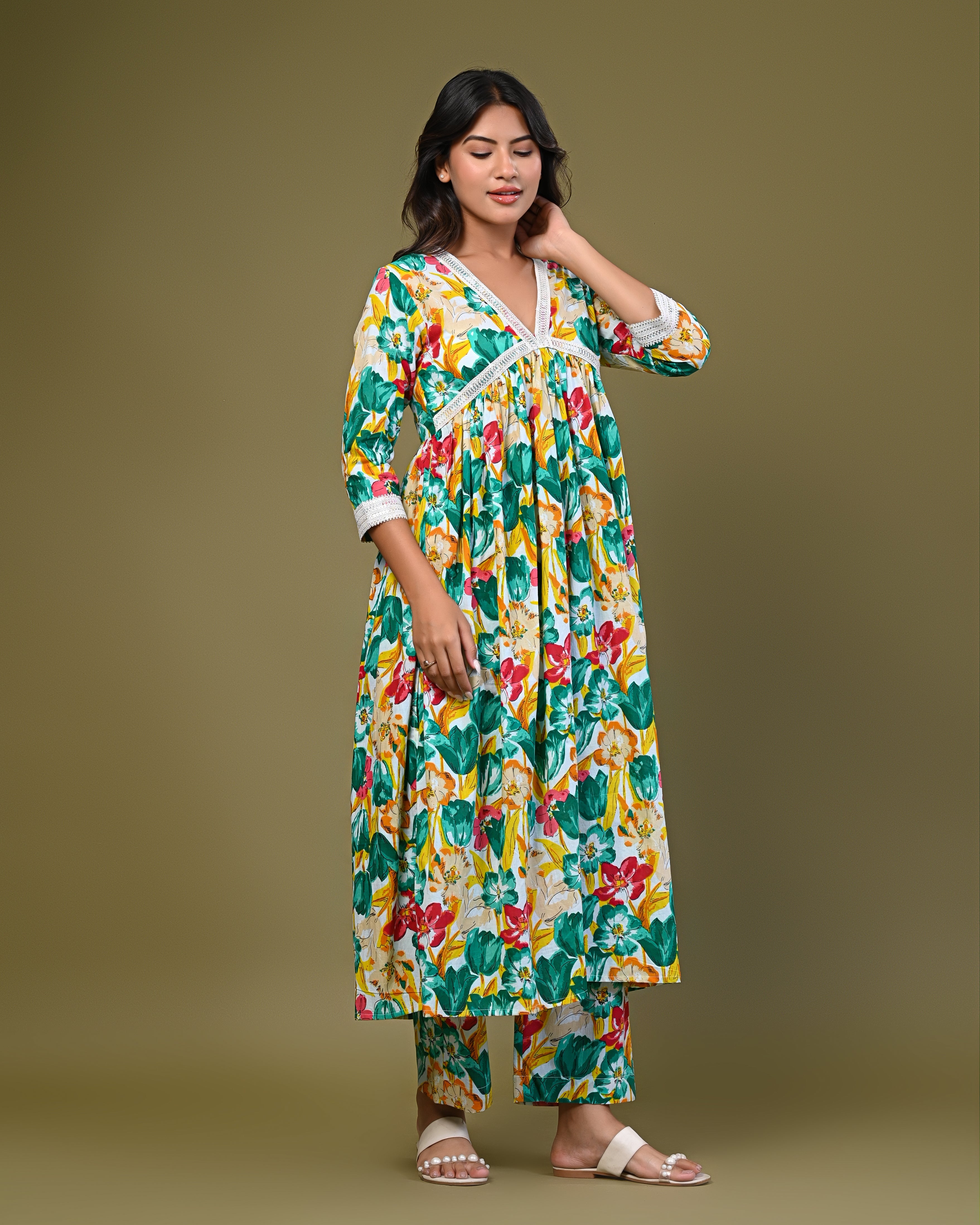 Women's Floral Printed A-Line Kurta Set with Lace Detailing