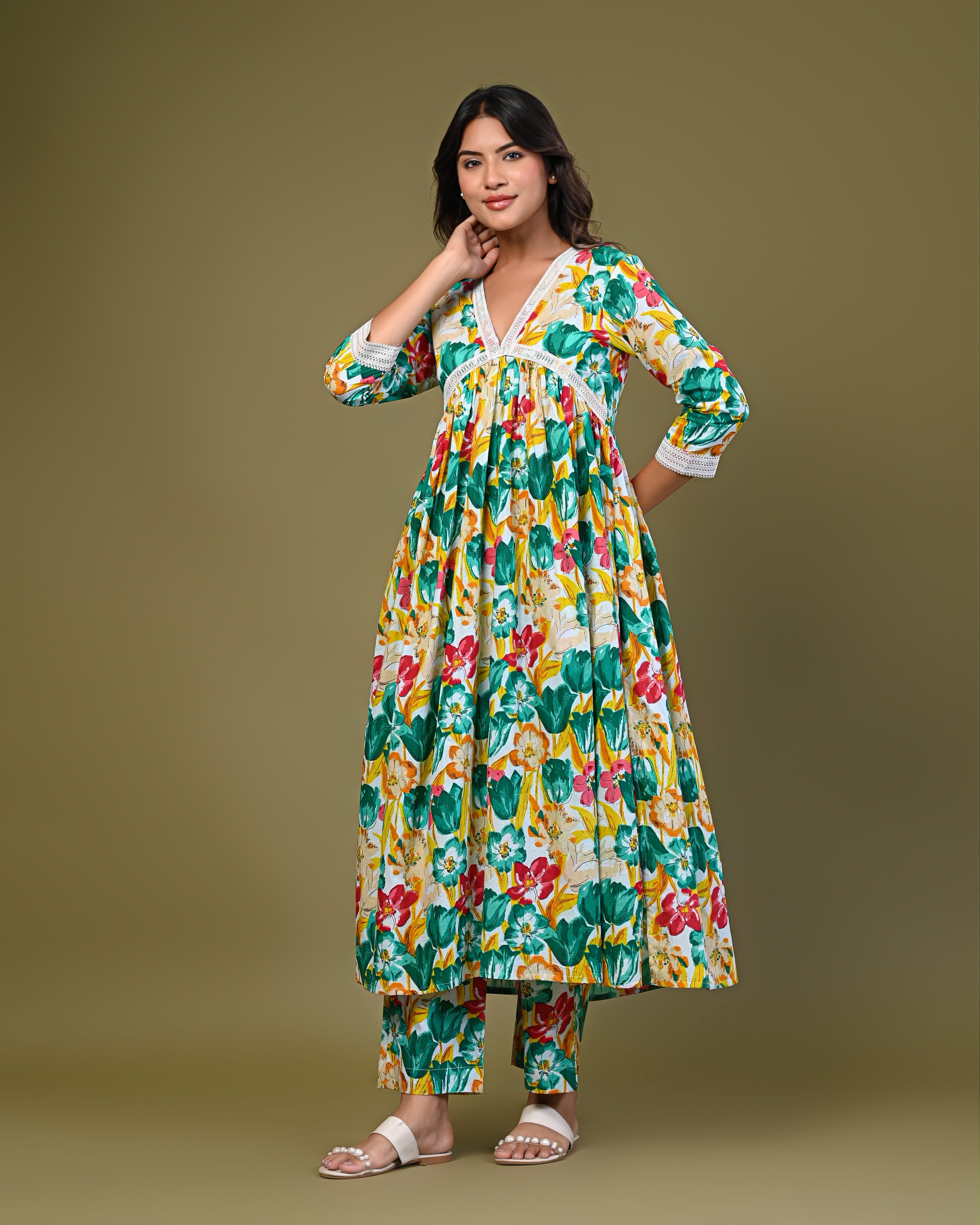 Women's Floral Printed A-Line Kurta Set with Lace Detailing
